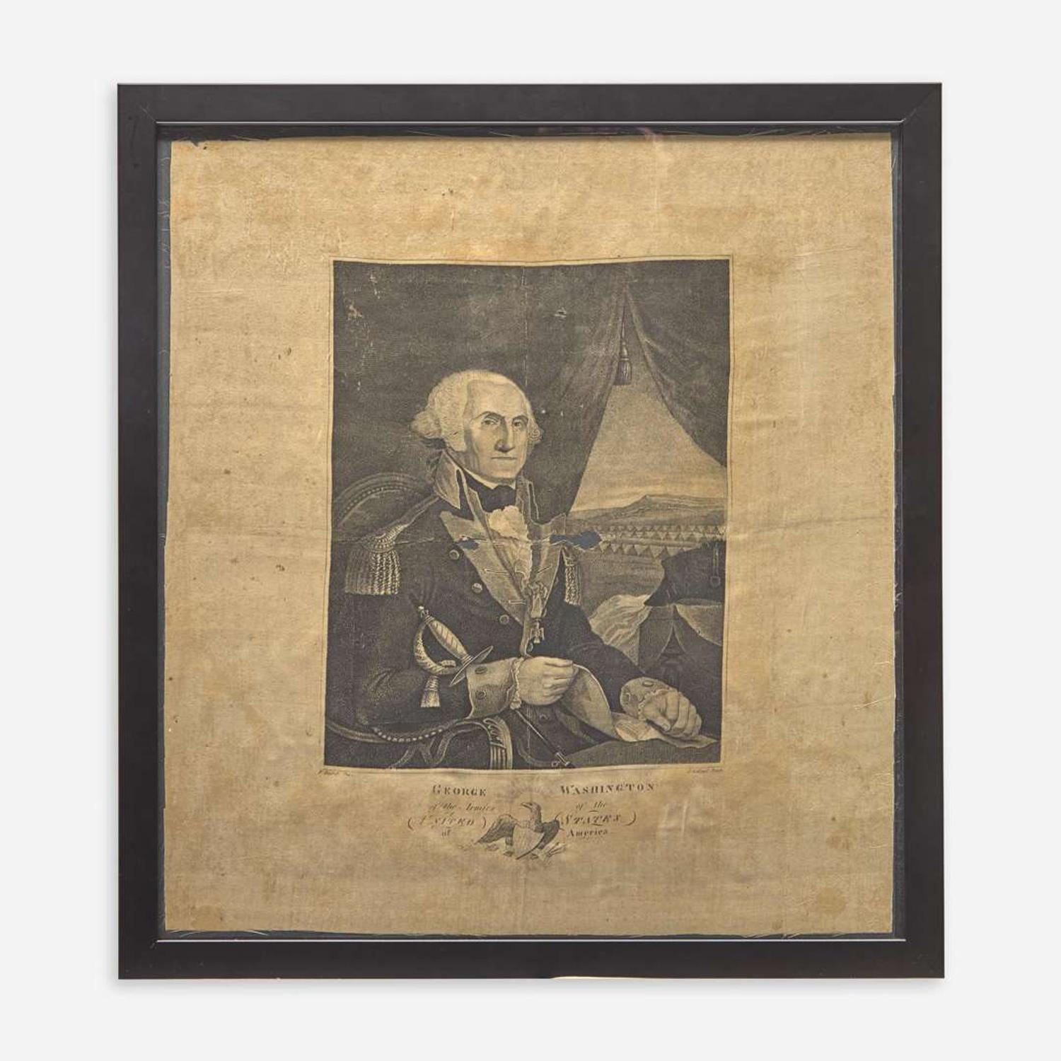 A rare stipple-engraved portrait of George Washington (1732-1799) on silk Engraved by John Galland (active 1796-1817) after Francis Bartoli (Italian, 1765-1796) and Gilbert Stuart (1755-1828), circa 1810