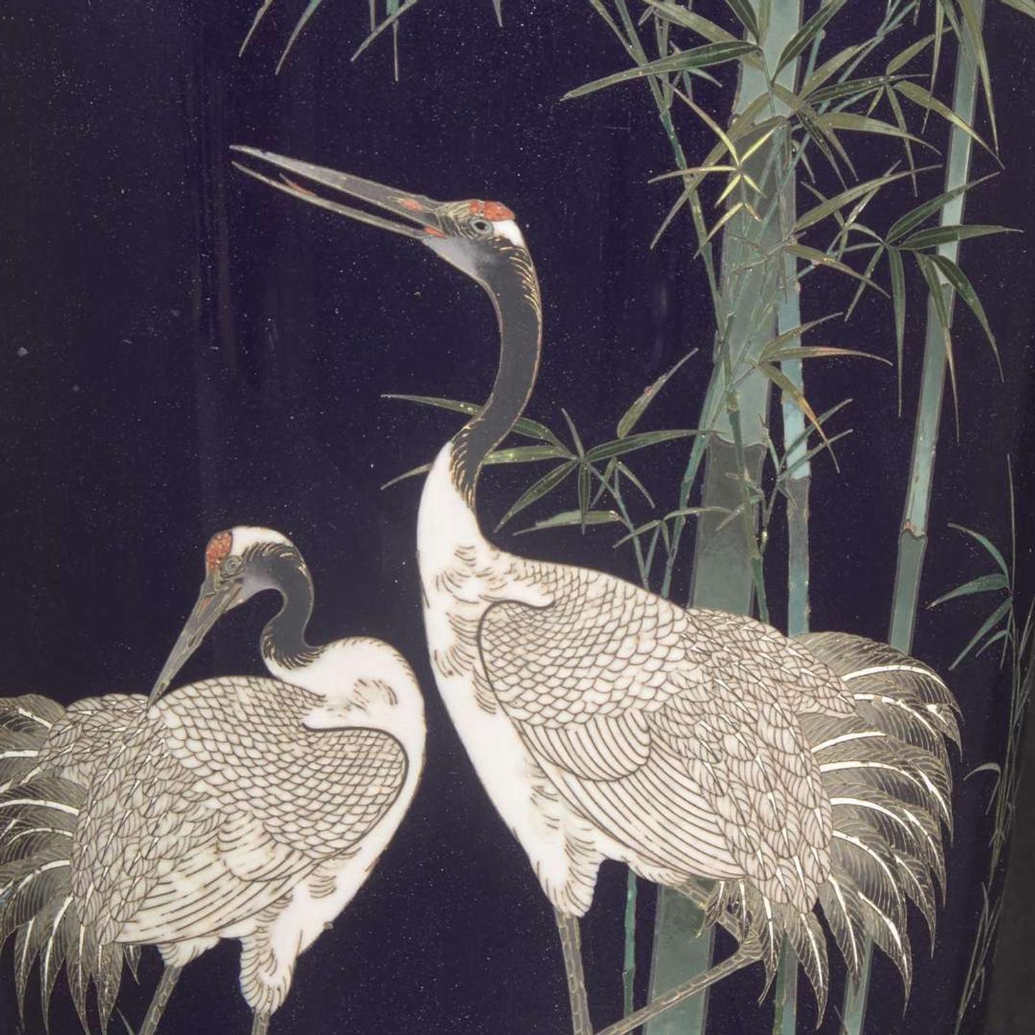 A finely-executed Japanese silver wire cloisonné "Cranes and Bamboo" vase 日本竹鹤掐丝珐琅瓶 Meiji / Taisho period ?????