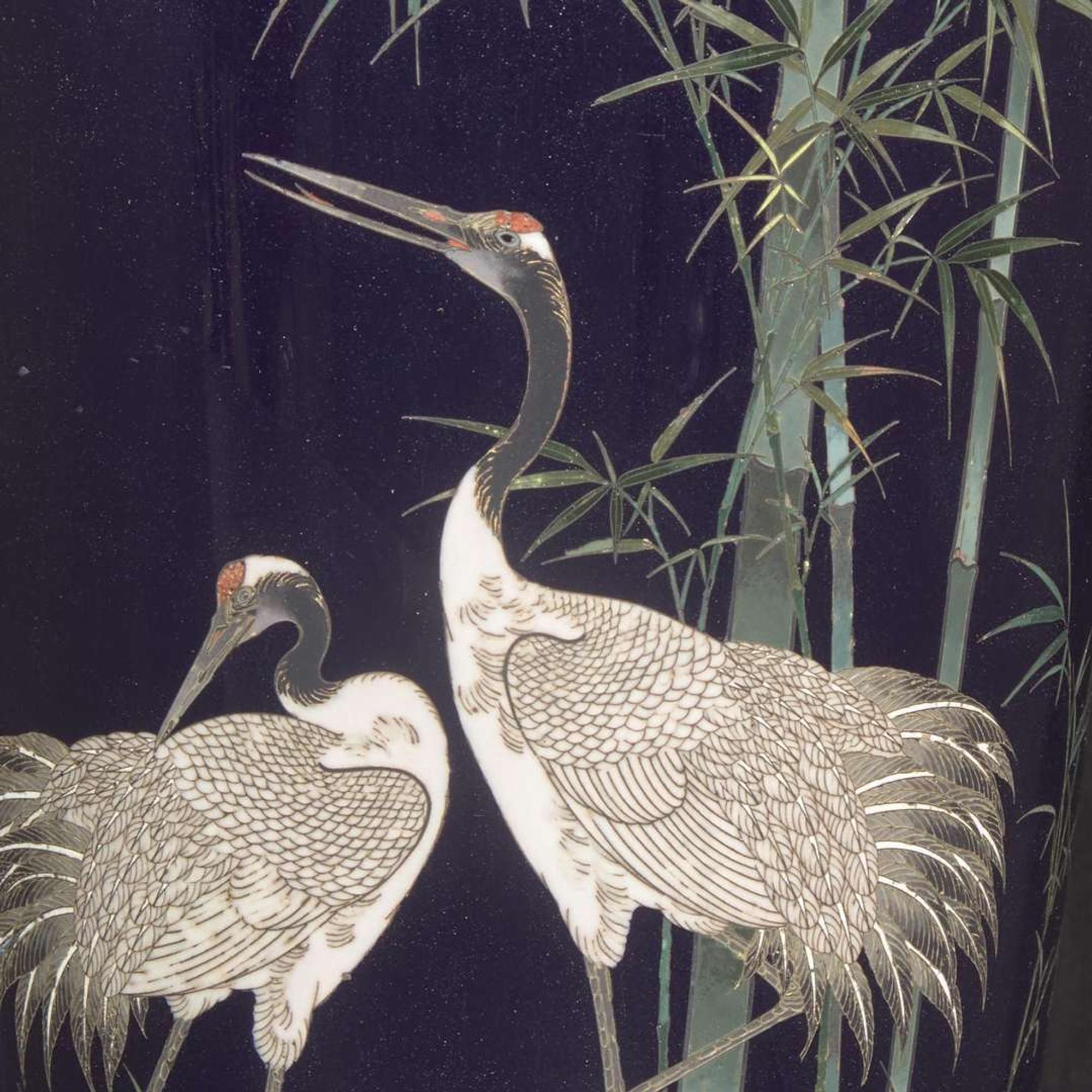 A finely-executed Japanese silver wire cloisonné "Cranes and Bamboo" vase 日本竹鹤掐丝珐琅瓶 Meiji / Taisho period ?????