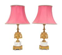 A Pair of Louis XVI Style Gilt Bronze and Marble Urn-Form Table Lamps
