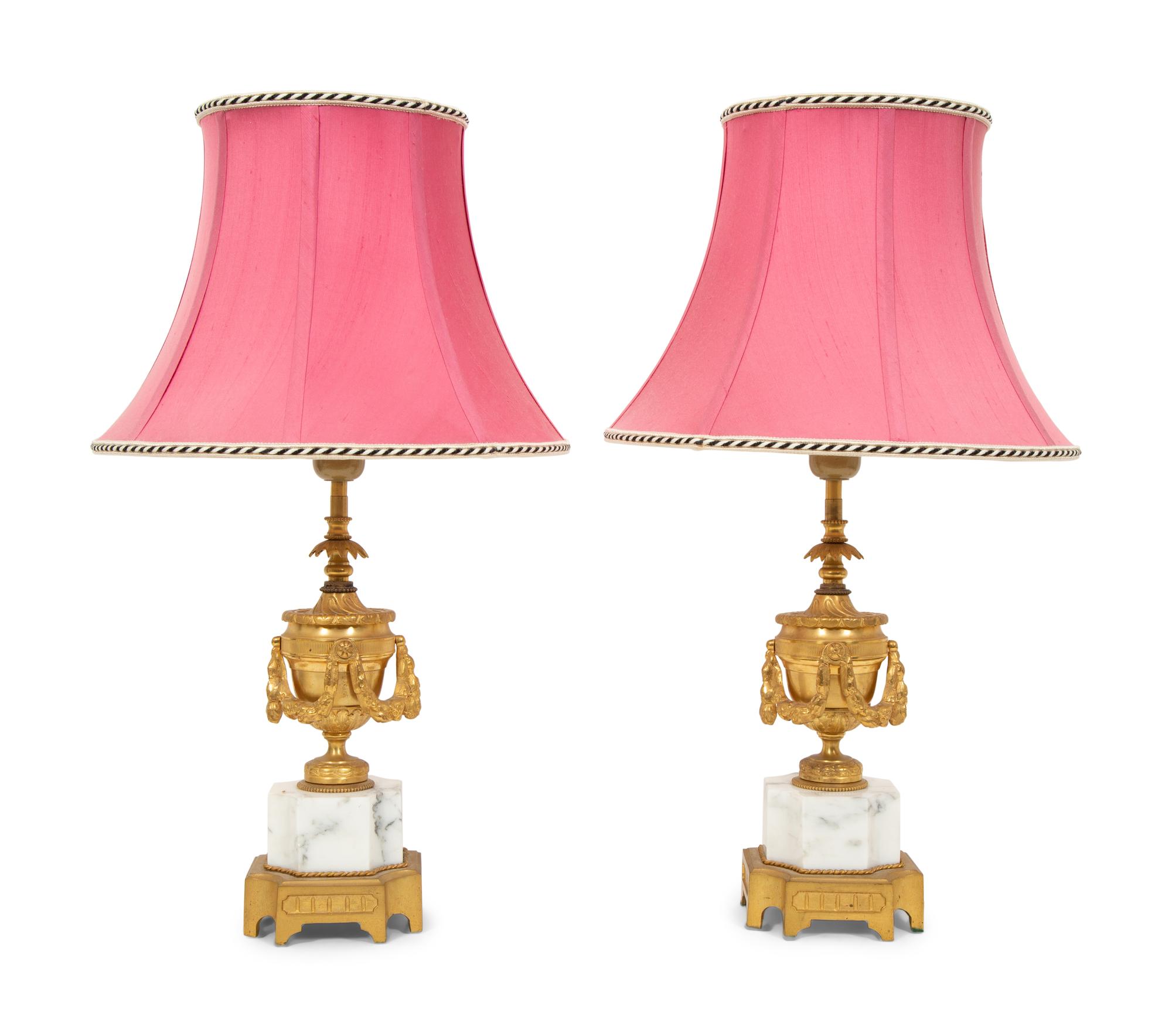 A Pair of Louis XVI Style Gilt Bronze and Marble Urn-Form Table Lamps