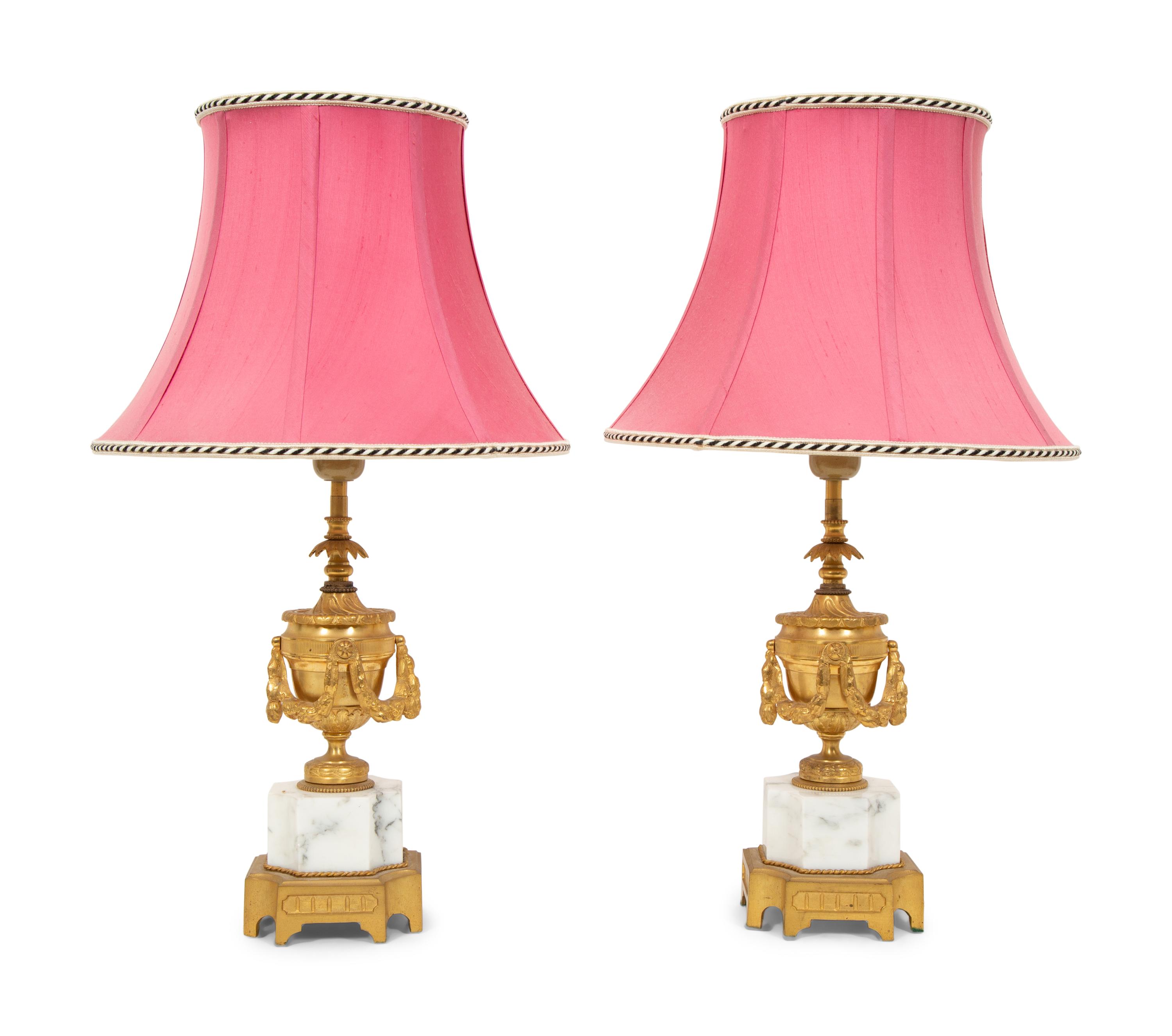 A Pair of Louis XVI Style Gilt Bronze and Marble Urn-Form Table Lamps