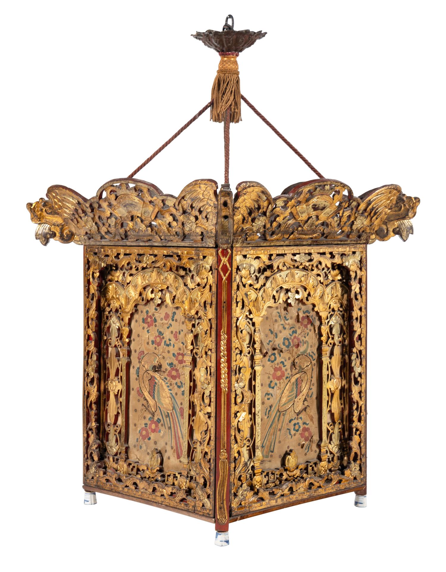 A Chinese Export Giltwood and Silk Needlework Mounted Hall Lantern