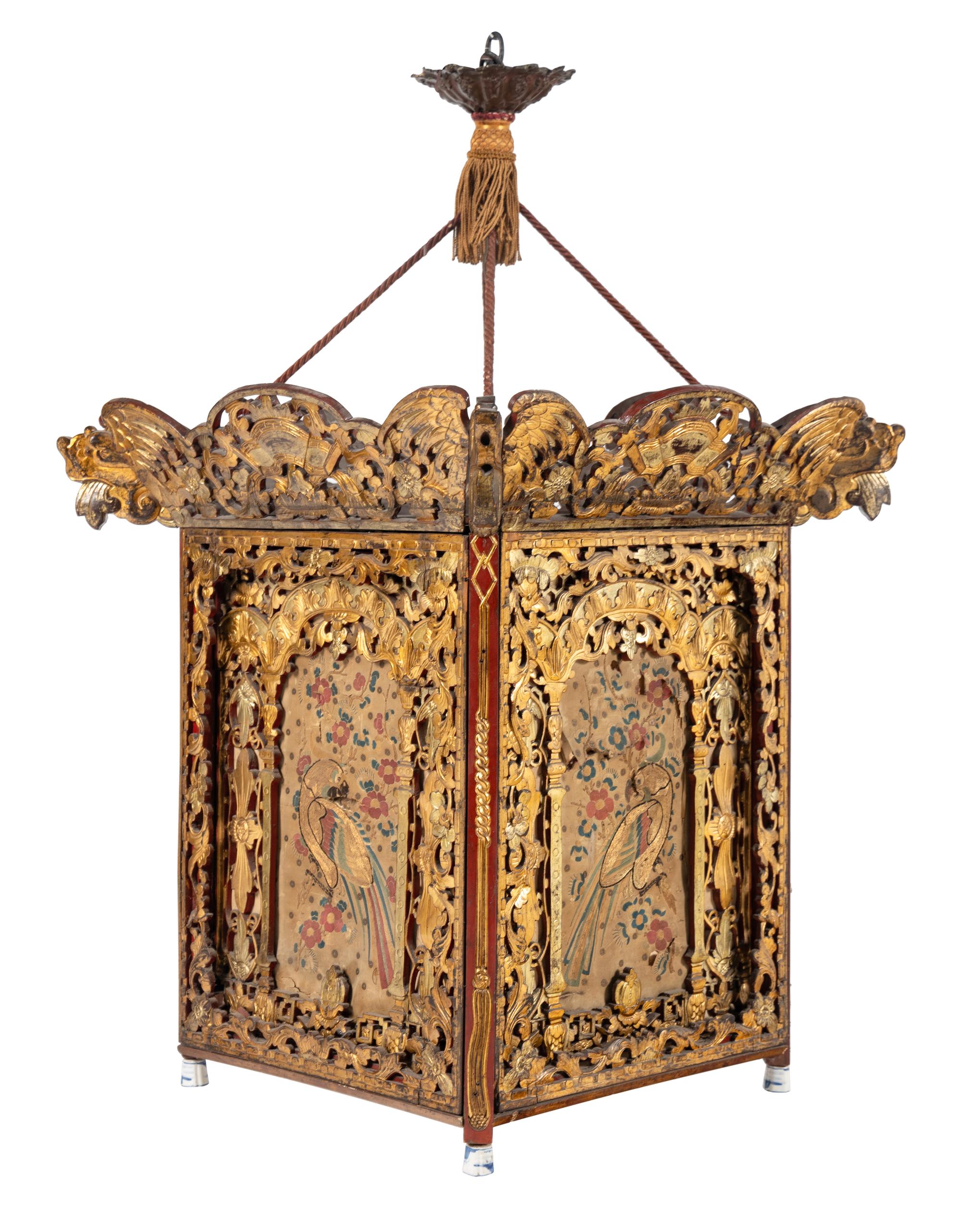 A Chinese Export Giltwood and Silk Needlework Mounted Hall Lantern