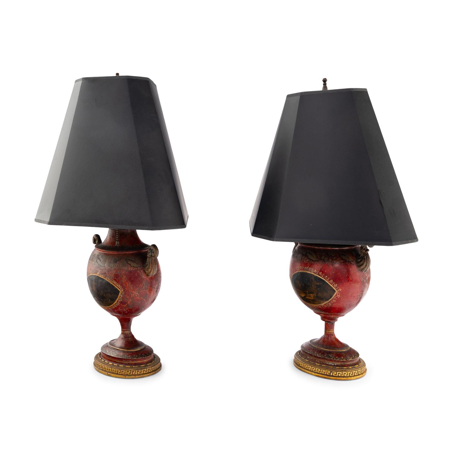 A Pair of Regency Painted Tôle Urns Mounted as Lamps