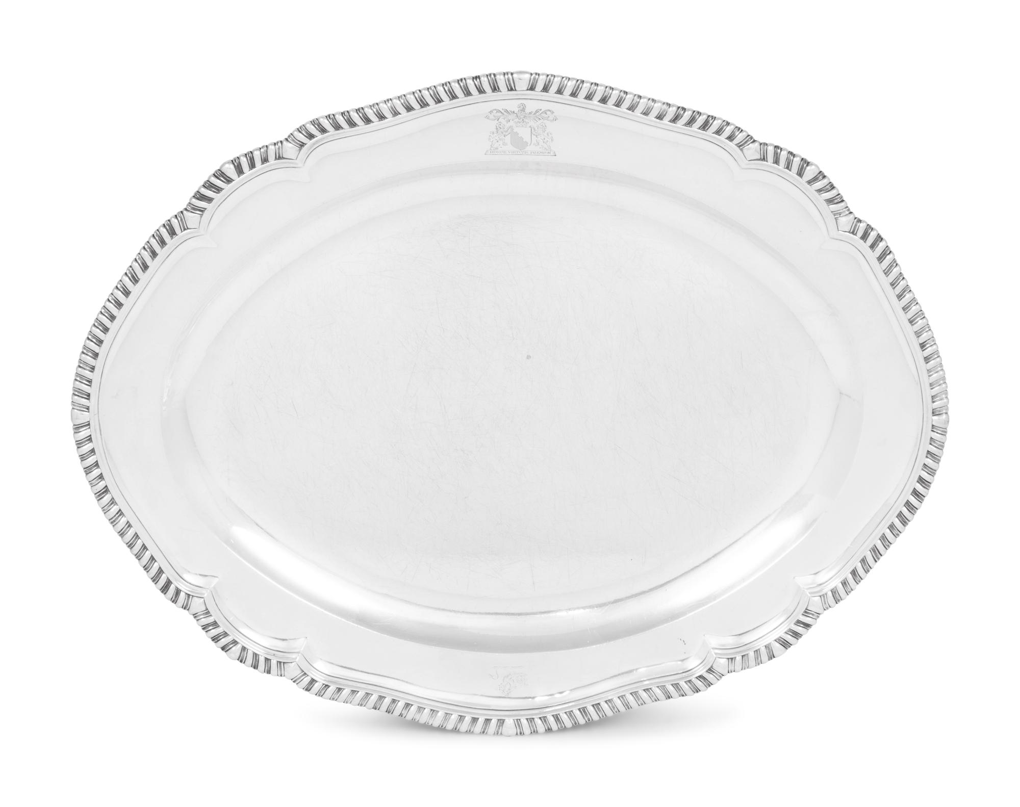 A George III Silver Tray with Engraved Crest and Motto