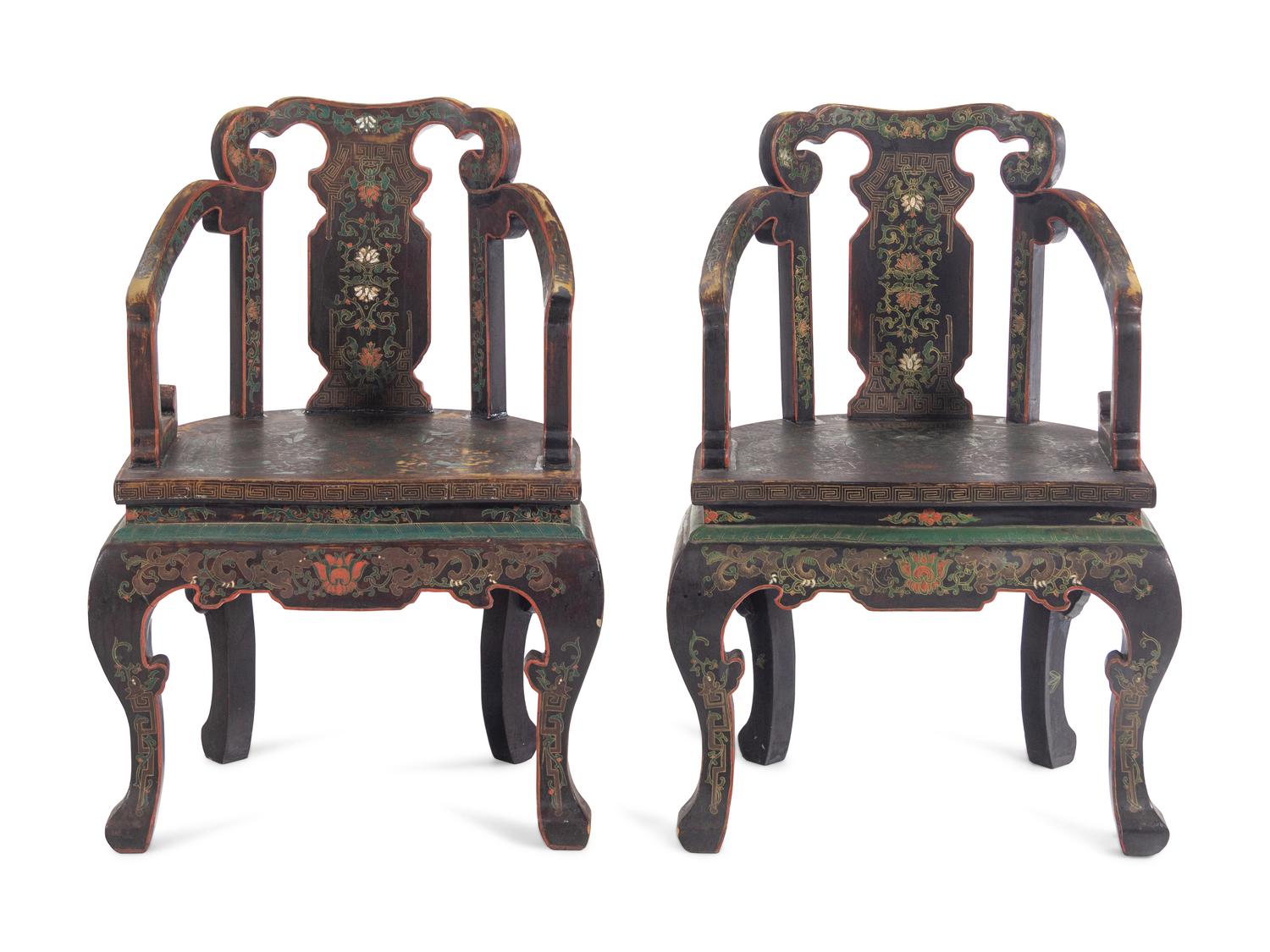 A Pair of Chinese Export Black Lacquer Armchairs