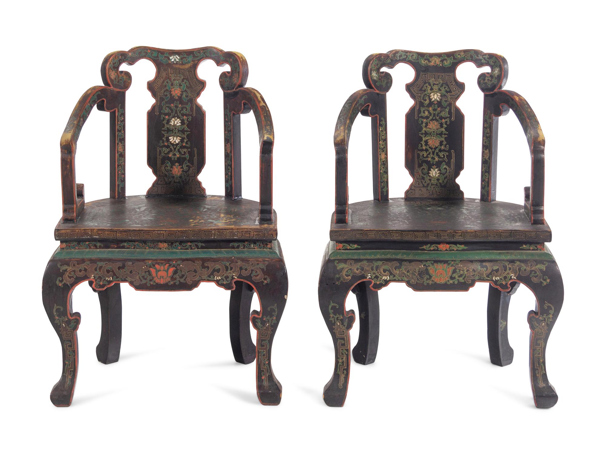 A Pair of Chinese Export Black Lacquer Armchairs