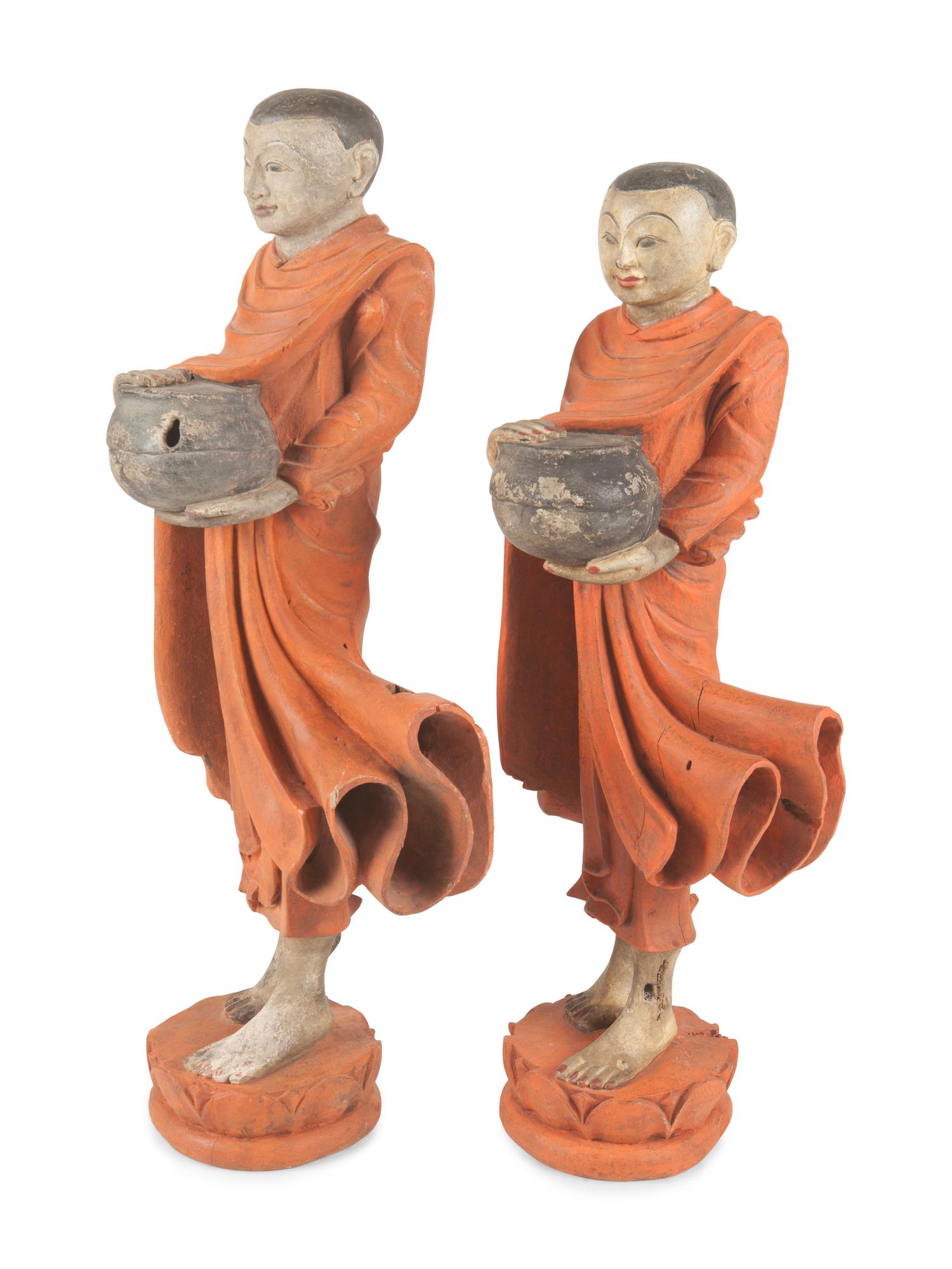 Two Burmese Polychrome Painted Carved Wood Figures