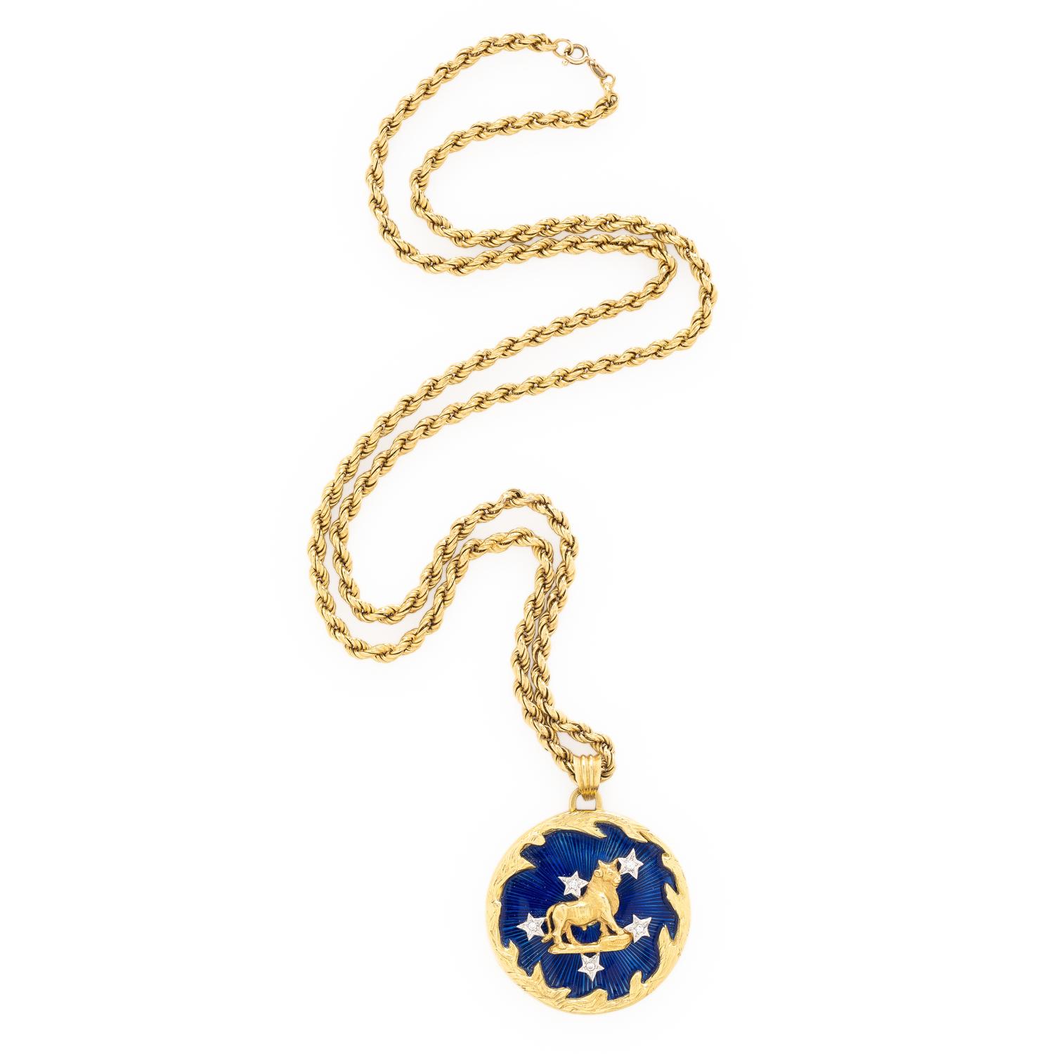 YELLOW GOLD, DIAMOND, AND ENAMEL TAURUS ZODIAC PENDANT NECKLACE