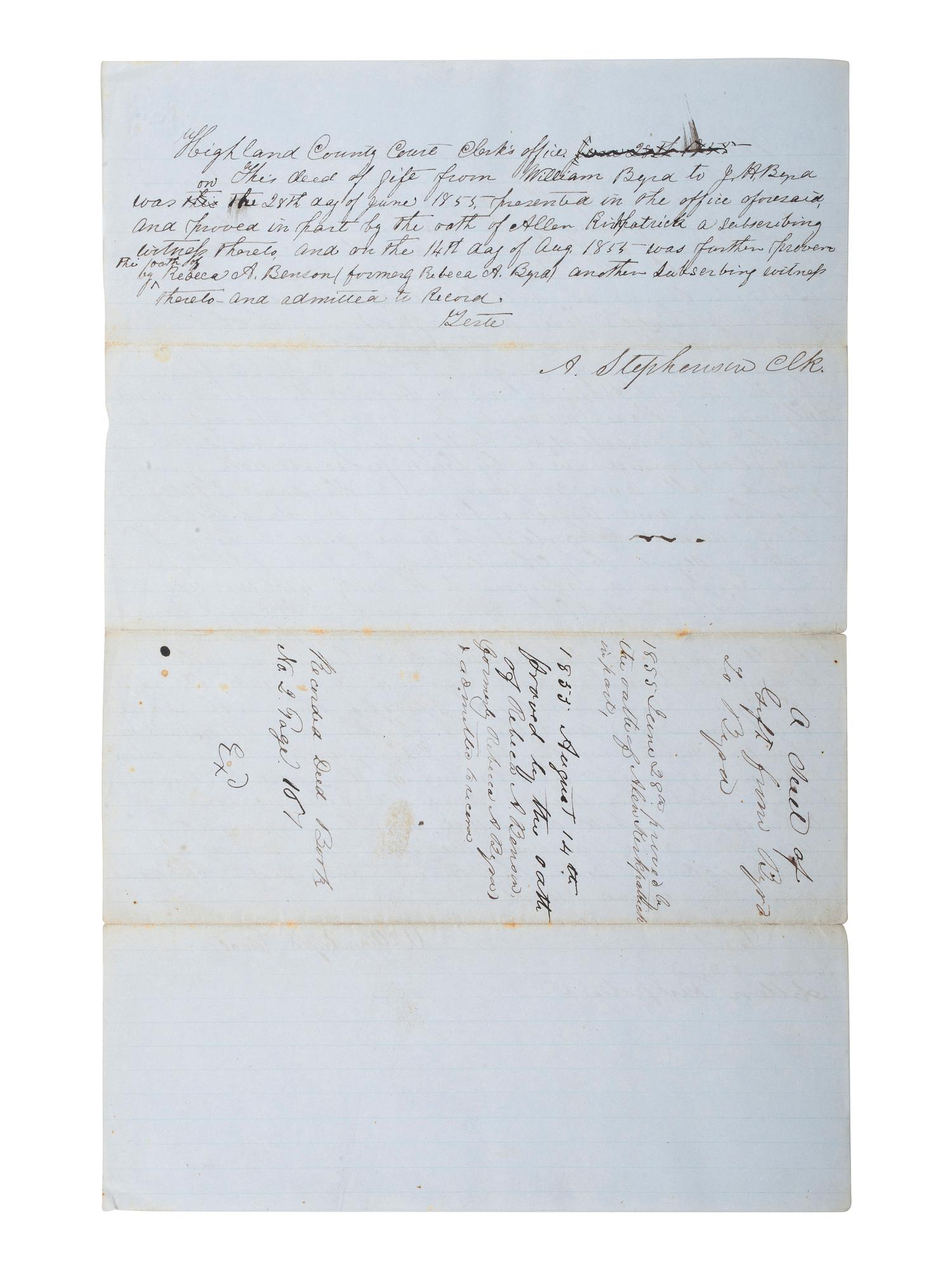 [SLAVERY & ABOLITION]. A record of transfer of an enslaved child named Charles, from William Byrd to J.H. Byrd. Pocahontas County, VA, 8 March 1855.