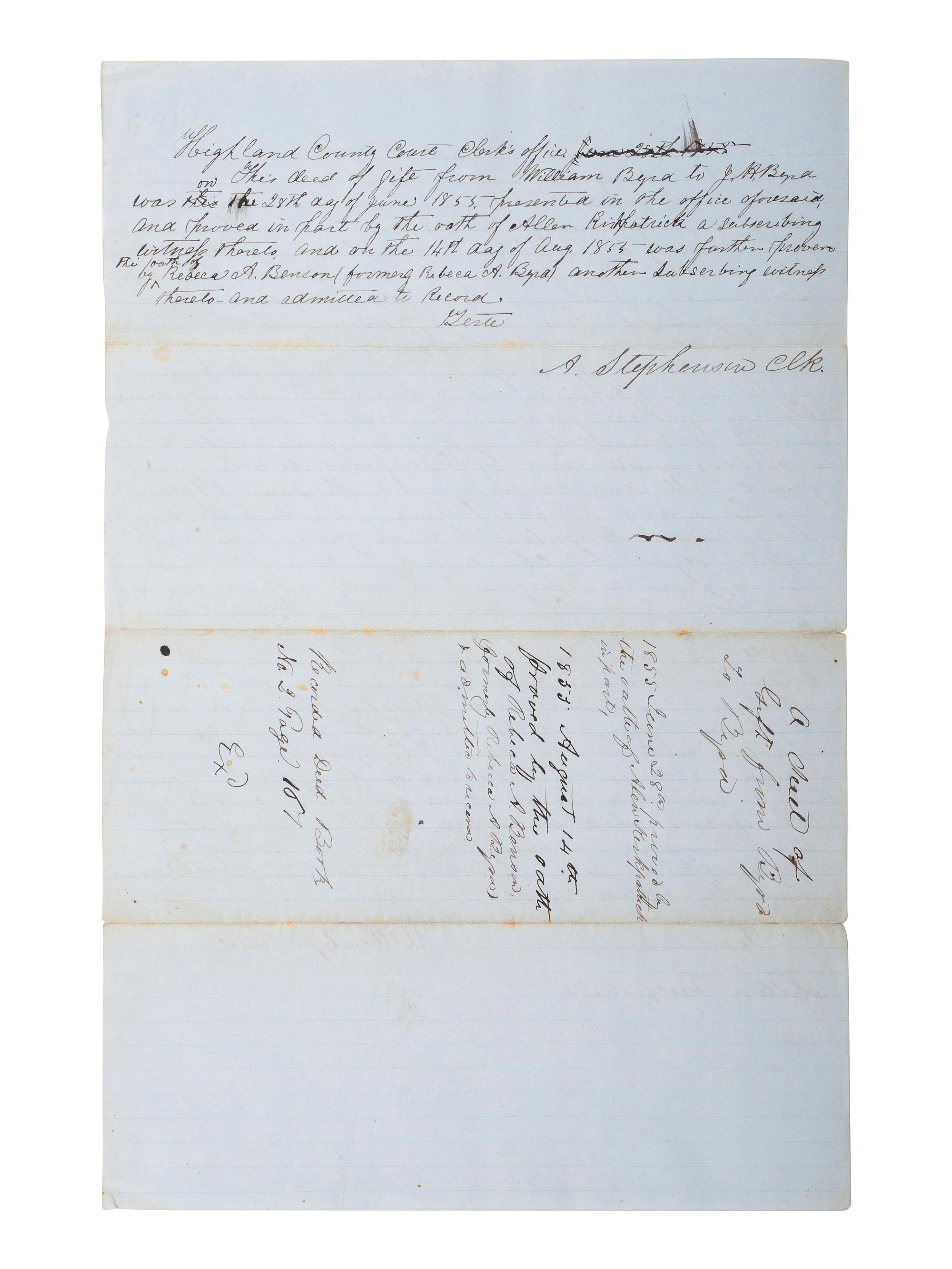 [SLAVERY & ABOLITION]. A record of transfer of an enslaved child named Charles, from William Byrd to J.H. Byrd. Pocahontas County, VA, 8 March 1855.