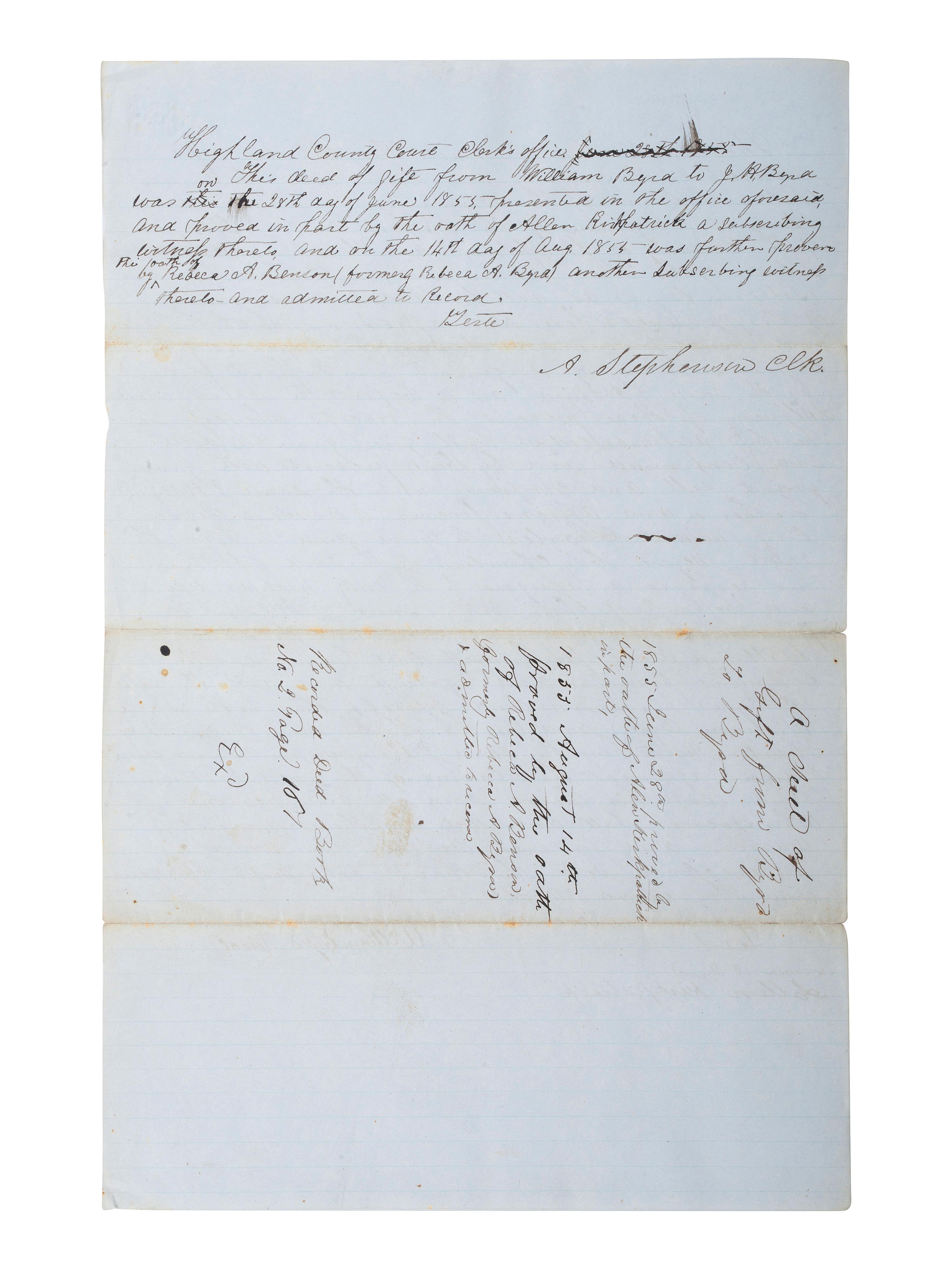 [SLAVERY & ABOLITION]. A record of transfer of an enslaved child named Charles, from William Byrd to J.H. Byrd. Pocahontas County, VA, 8 March 1855.