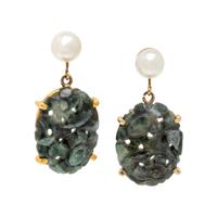 JADE, CULTURED PEARL, AND YELLOW GOLD EARRINGS AND BRACELET