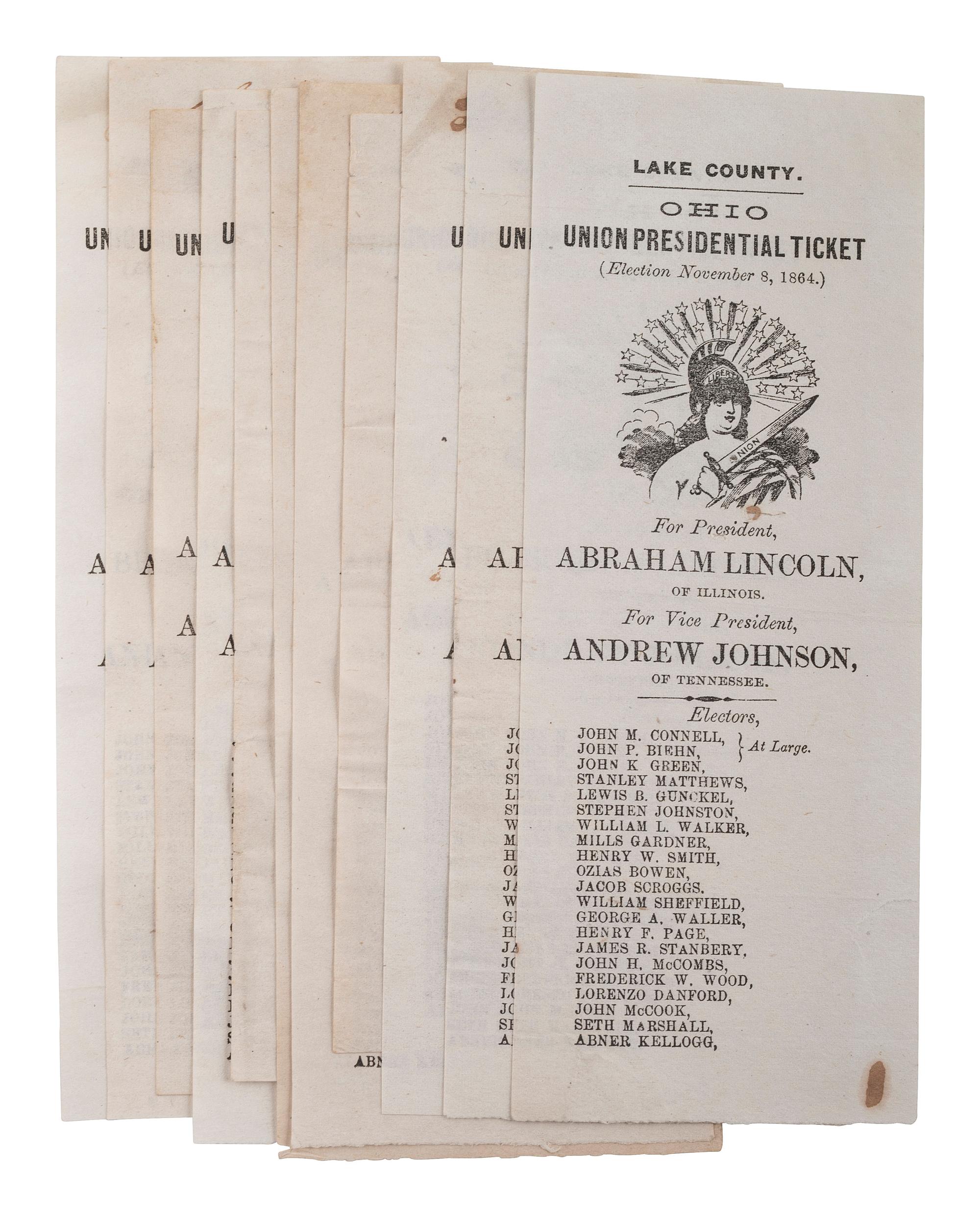 [POLITICS] -- [CIVIL WAR]. Ohio ballots from the 1864 election, including Lincoln and Johnson.