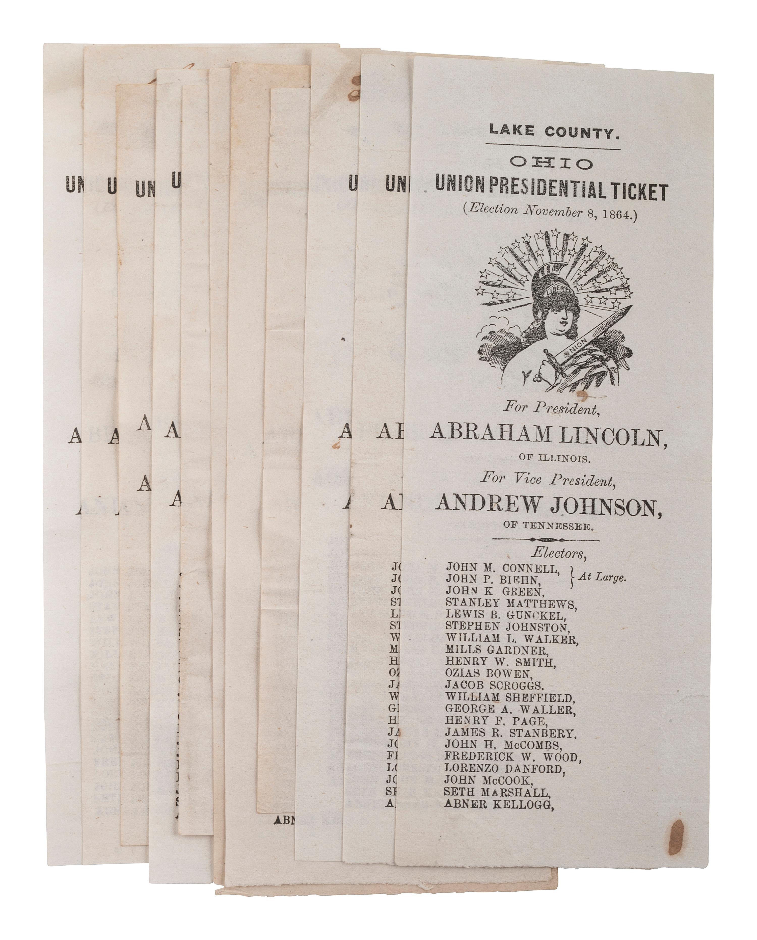 [POLITICS] -- [CIVIL WAR]. Ohio ballots from the 1864 election, including Lincoln and Johnson.