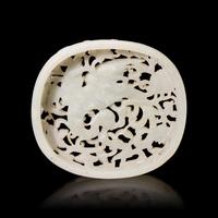 A Chinese Celadon Jade Reticulated Oval Plaque — 青玉镂雕鳳穿花佩