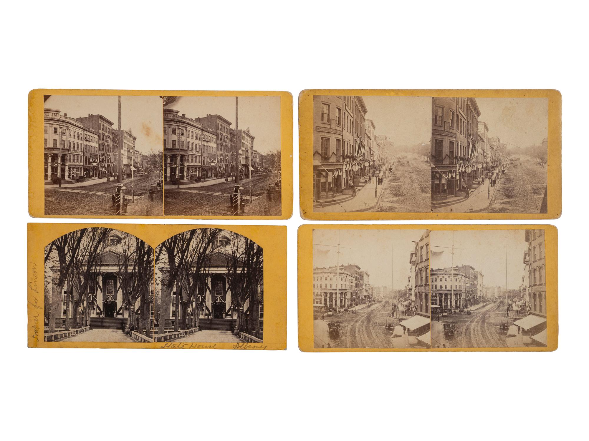 [LINCOLN FUNERAL]. A group of 4 stereoviews featuring buildings draped in mourning, incl. 3 credited to Haines, Albany, NY.