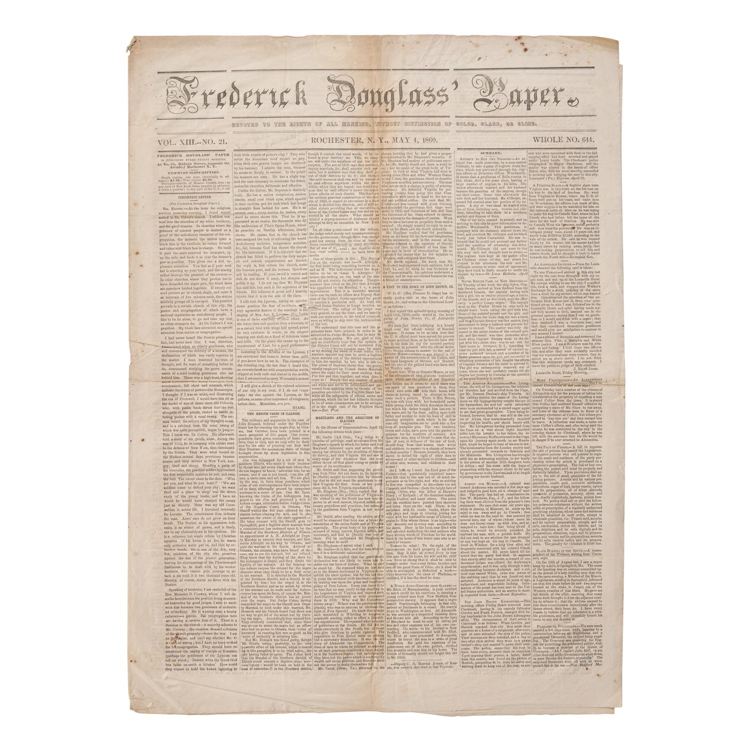 [African-Americana] Frederick Douglass' Paper, Devoted to the Rights of all Mankind, Without Distinction of Color, Class, or Clime