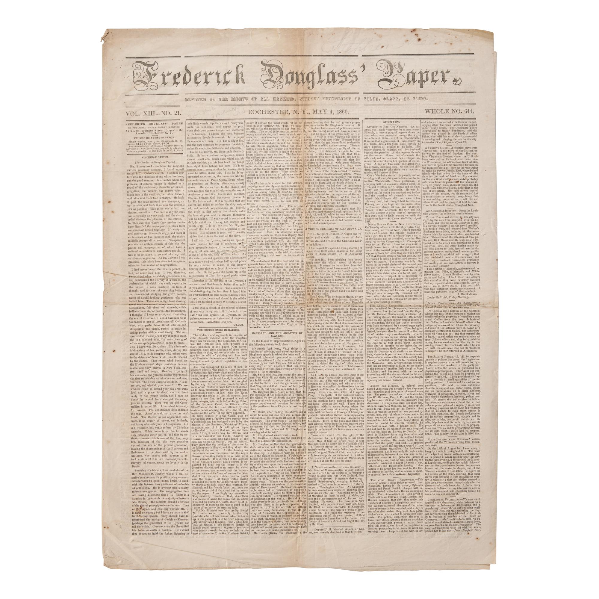 [African-Americana] Frederick Douglass' Paper, Devoted to the Rights of all Mankind, Without Distinction of Color, Class, or Clime