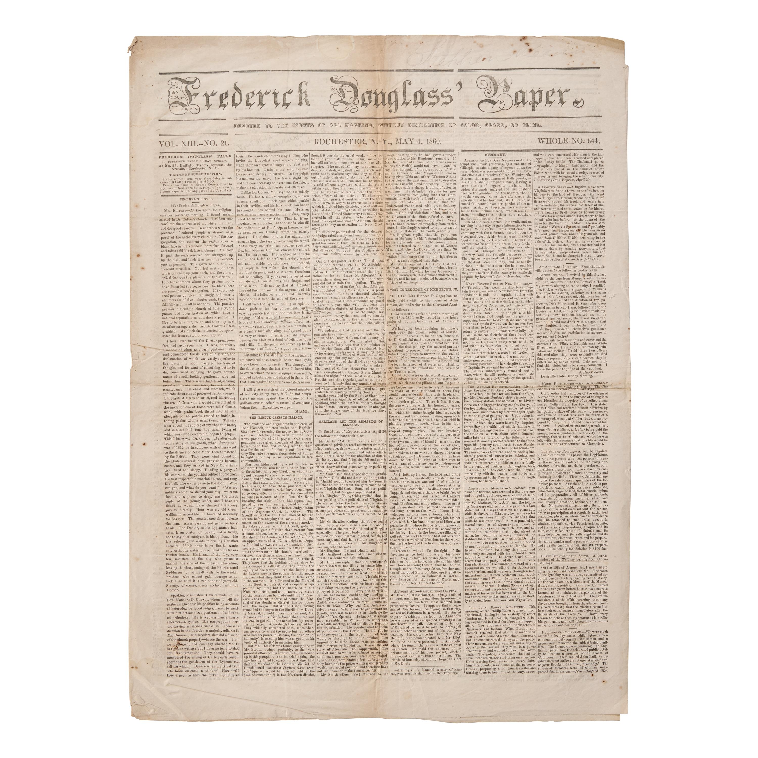 [African-Americana] Frederick Douglass' Paper, Devoted to the Rights of all Mankind, Without Distinction of Color, Class, or Clime