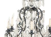 A Continental Iron, Tole and Cut Glass Fifteen-Light Chandelier