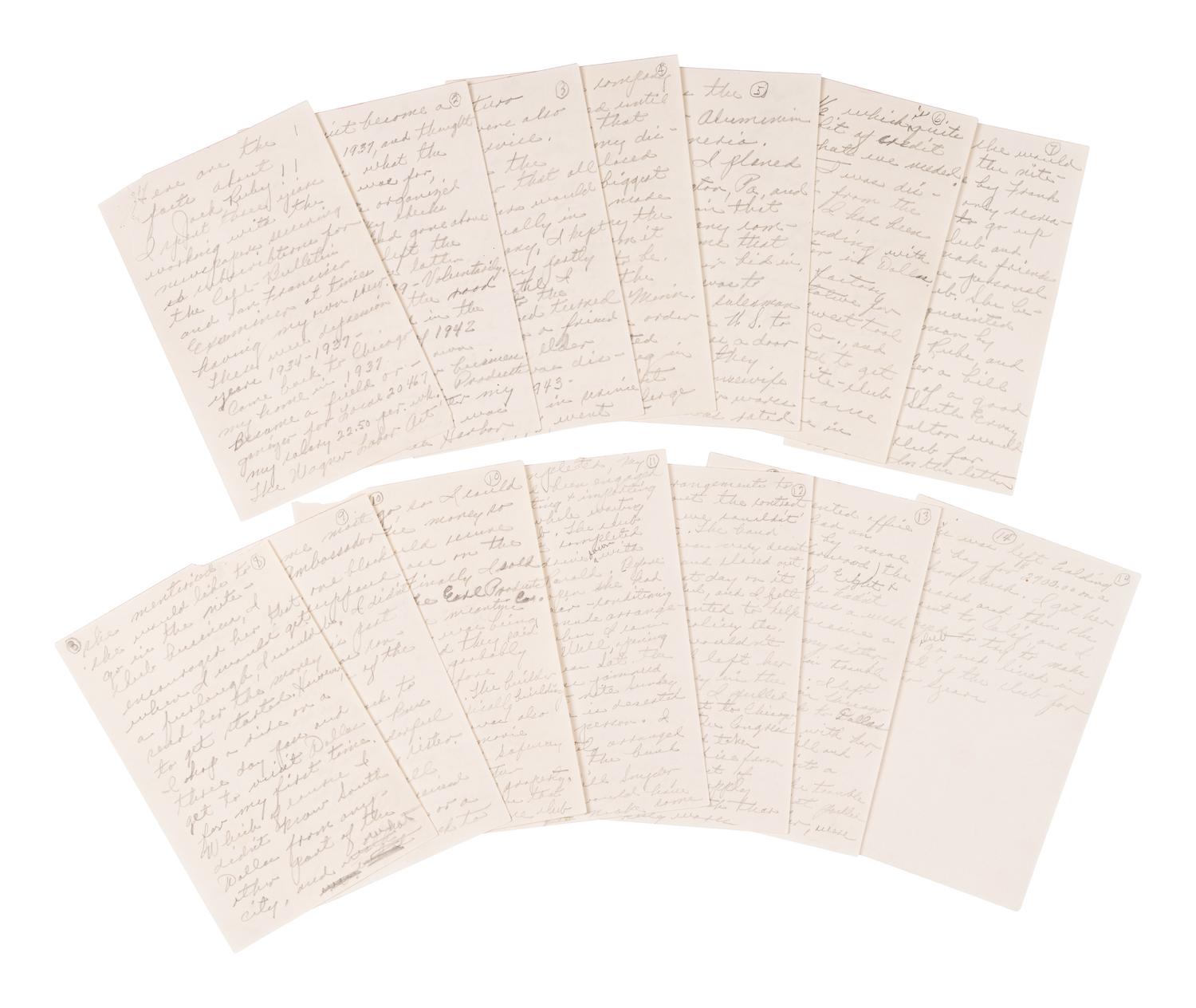 RUBY, Jack (1911-1967). Autograph manuscript signed (in the third person) written from his jail cell while incarcerated for the murder of Kennedy assassin Lee Harvey Oswald, [n.d., ca 1966].