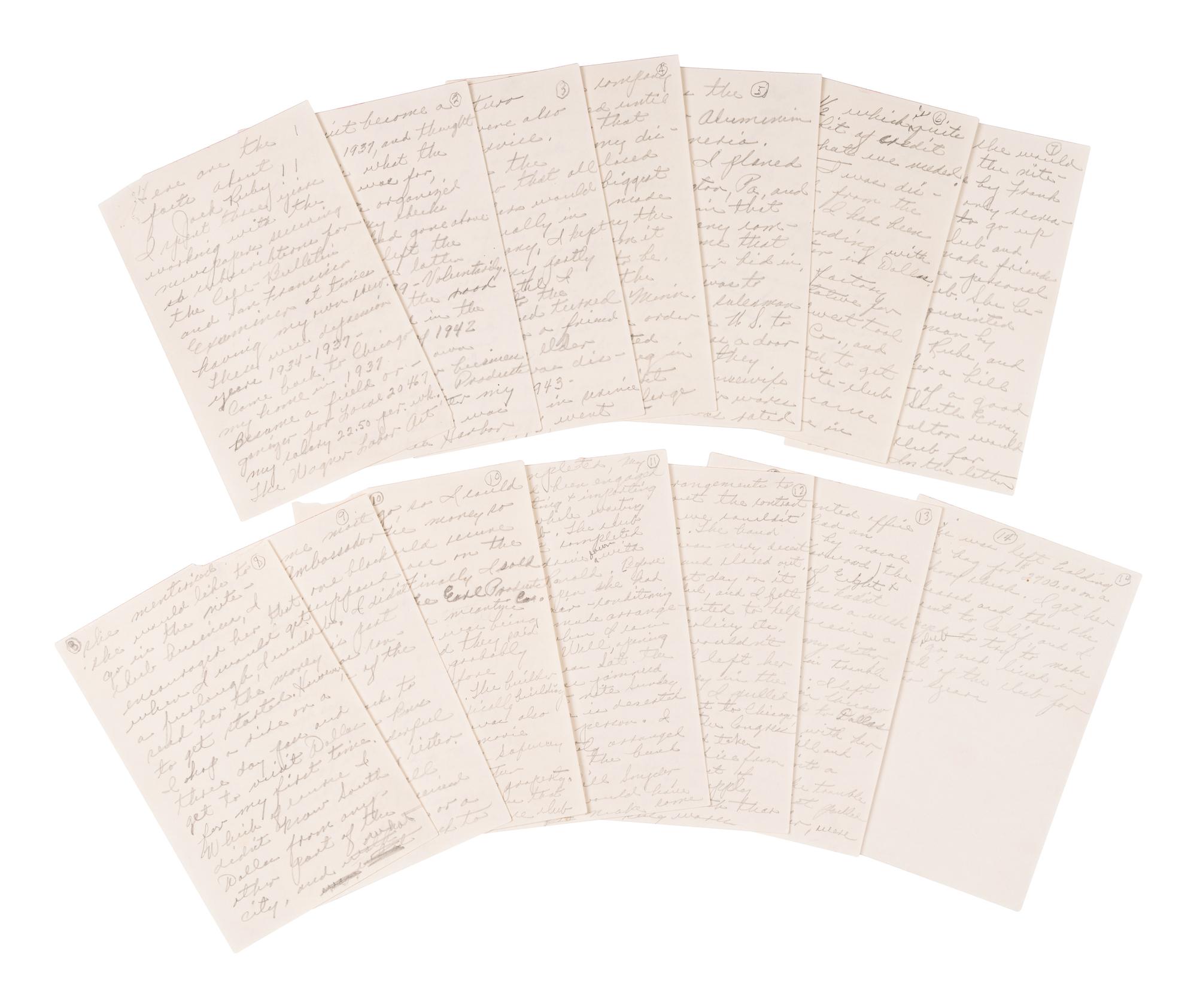 RUBY, Jack (1911-1967). Autograph manuscript signed (in the third person) written from his jail cell while incarcerated for the murder of Kennedy assassin Lee Harvey Oswald, [n.d., ca 1966].