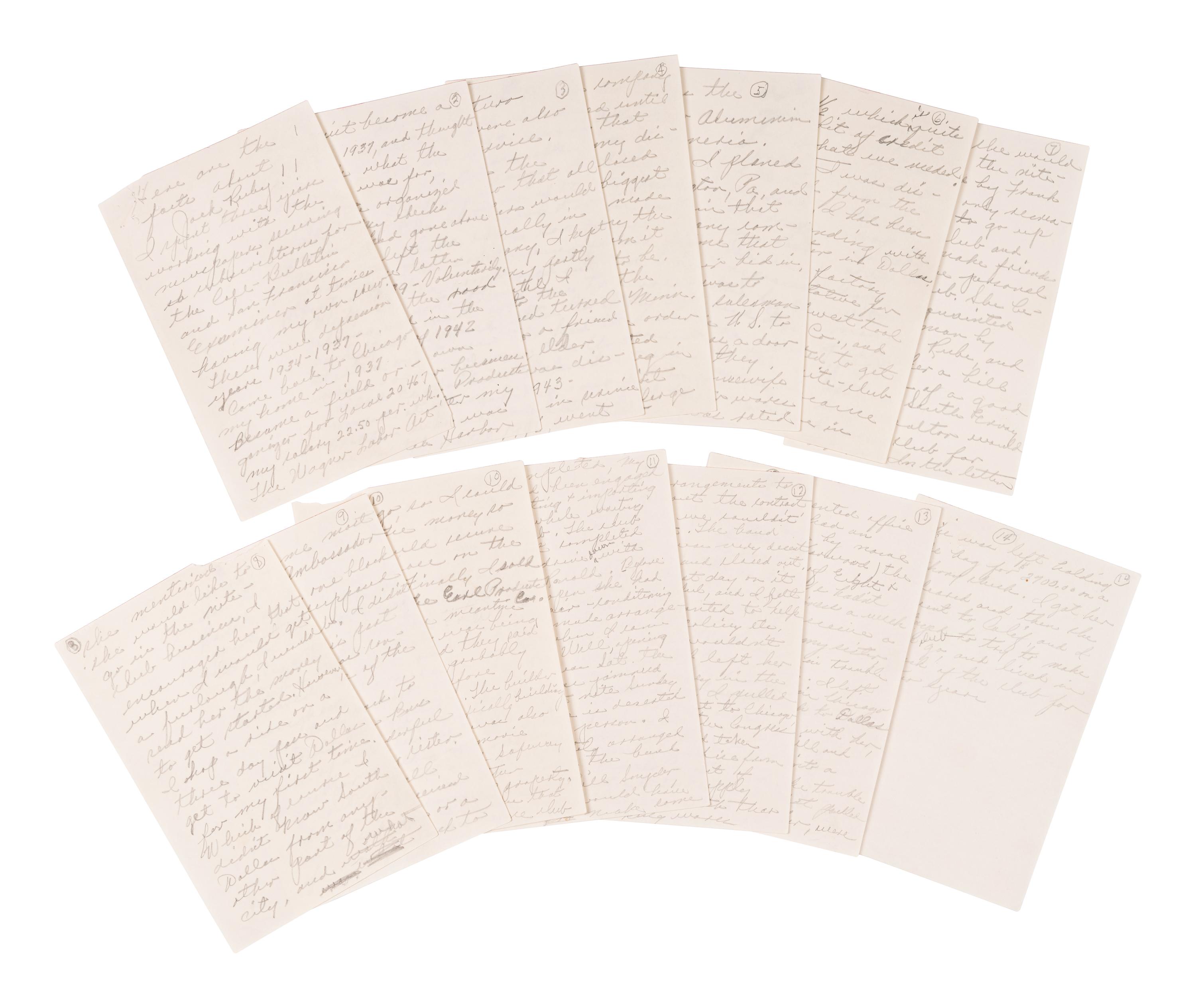 RUBY, Jack (1911-1967). Autograph manuscript signed (in the third person) written from his jail cell while incarcerated for the murder of Kennedy assassin Lee Harvey Oswald, [n.d., ca 1966].
