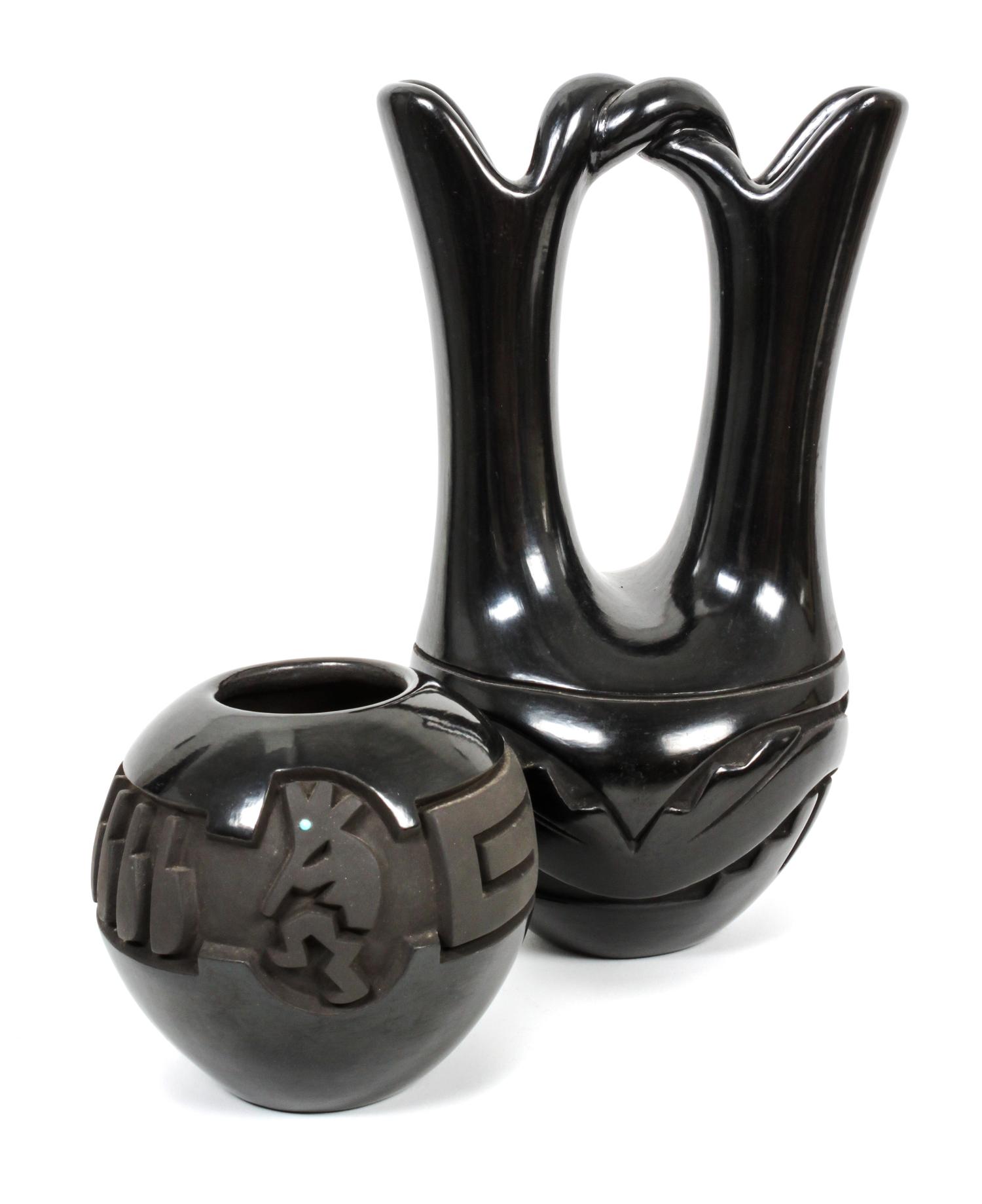 Two Santa Clara Blackware Pottery Articles Height of first 11 inches.