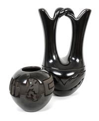 Two Santa Clara Blackware Pottery Articles Height of first 11 inches.
