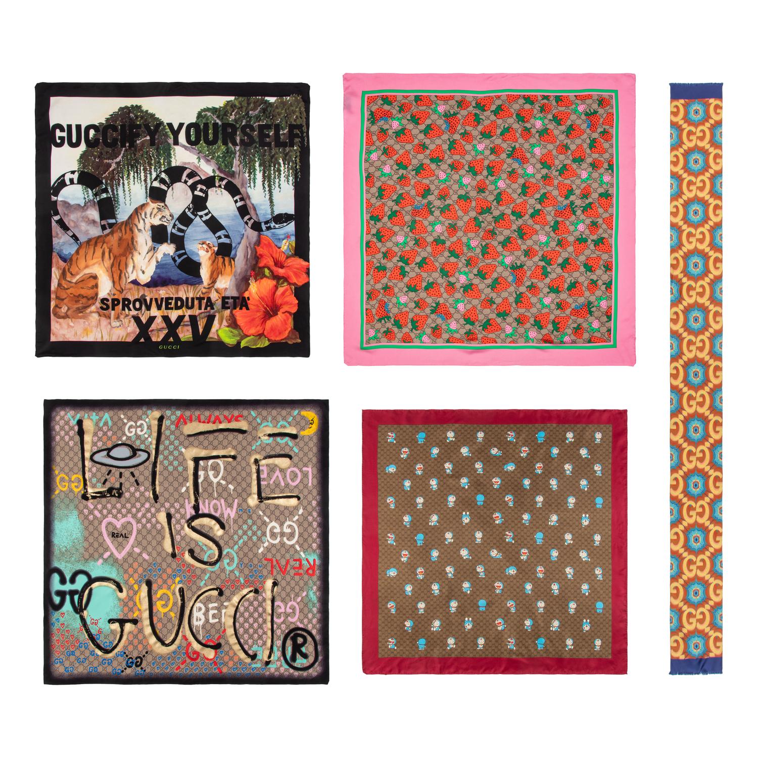GUCCI, FIVE PRINTED SILK SCARVES