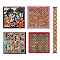 GUCCI, FIVE PRINTED SILK SCARVES