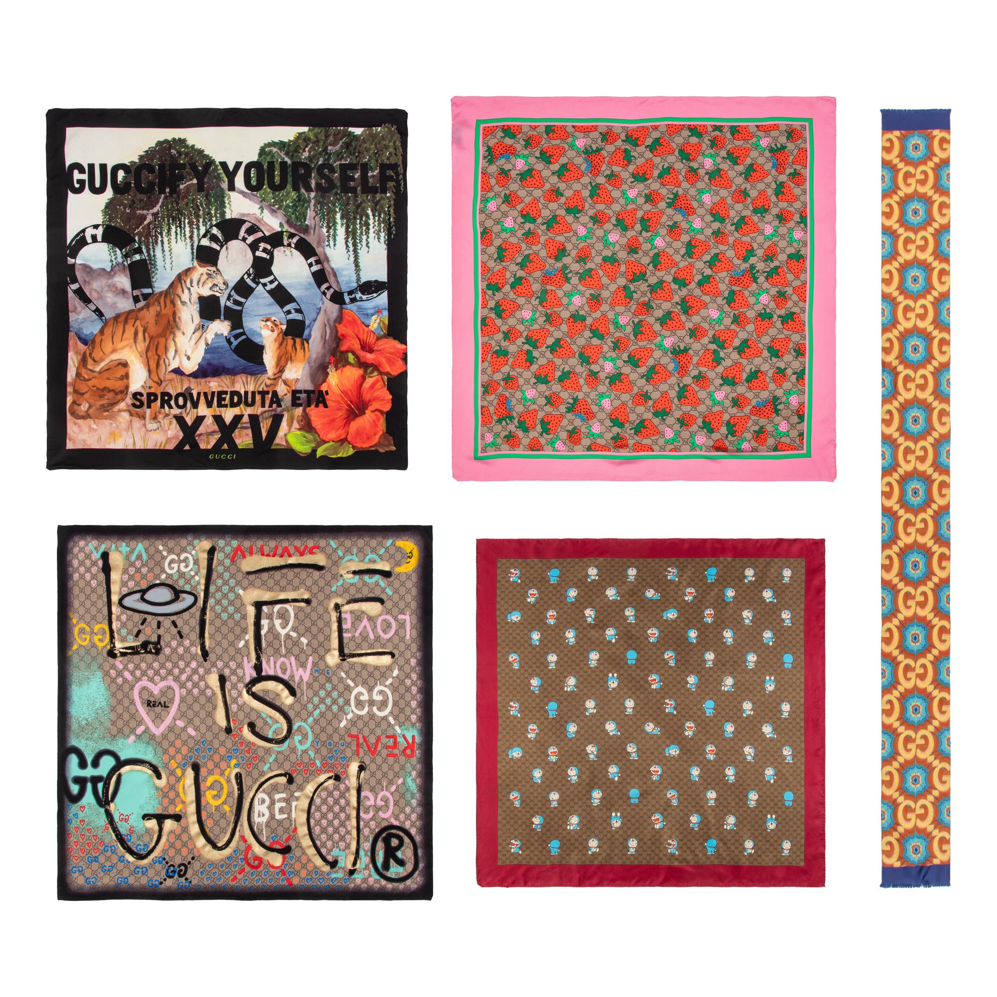 GUCCI, FIVE PRINTED SILK SCARVES