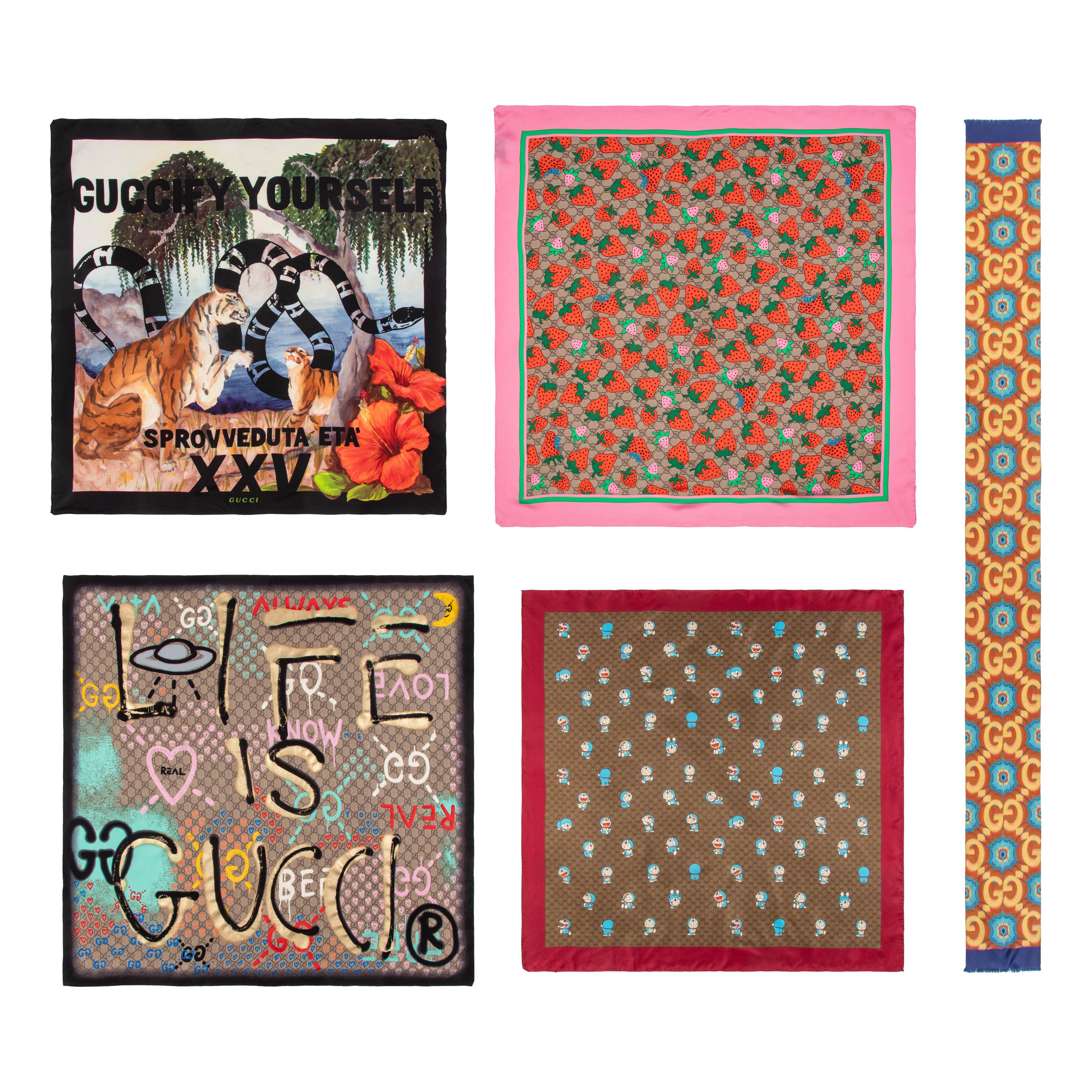 GUCCI, FIVE PRINTED SILK SCARVES