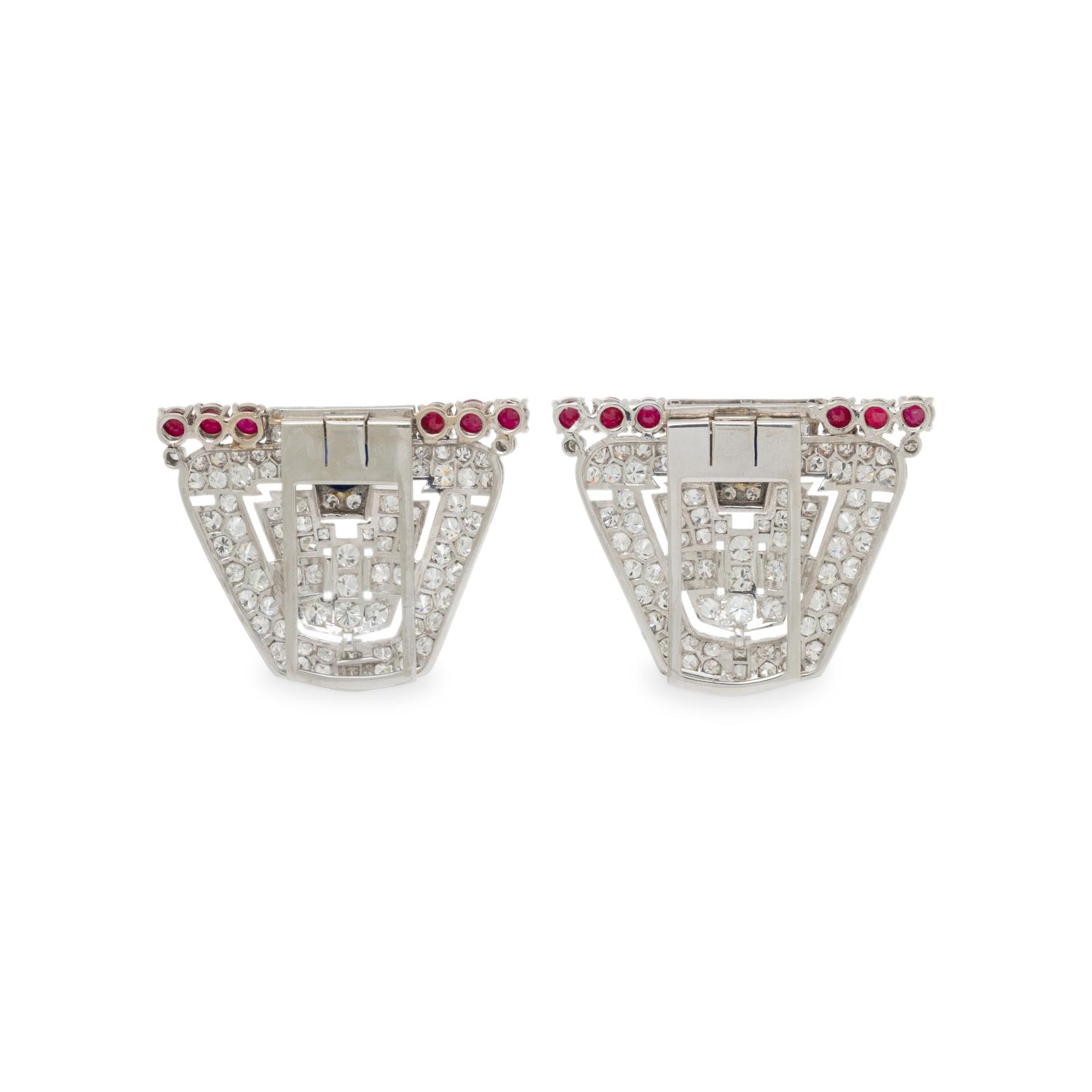 PAIR OF DIAMOND, SAPPHIRE, RUBY, AND WHITE GOLD DRESS CLIPS