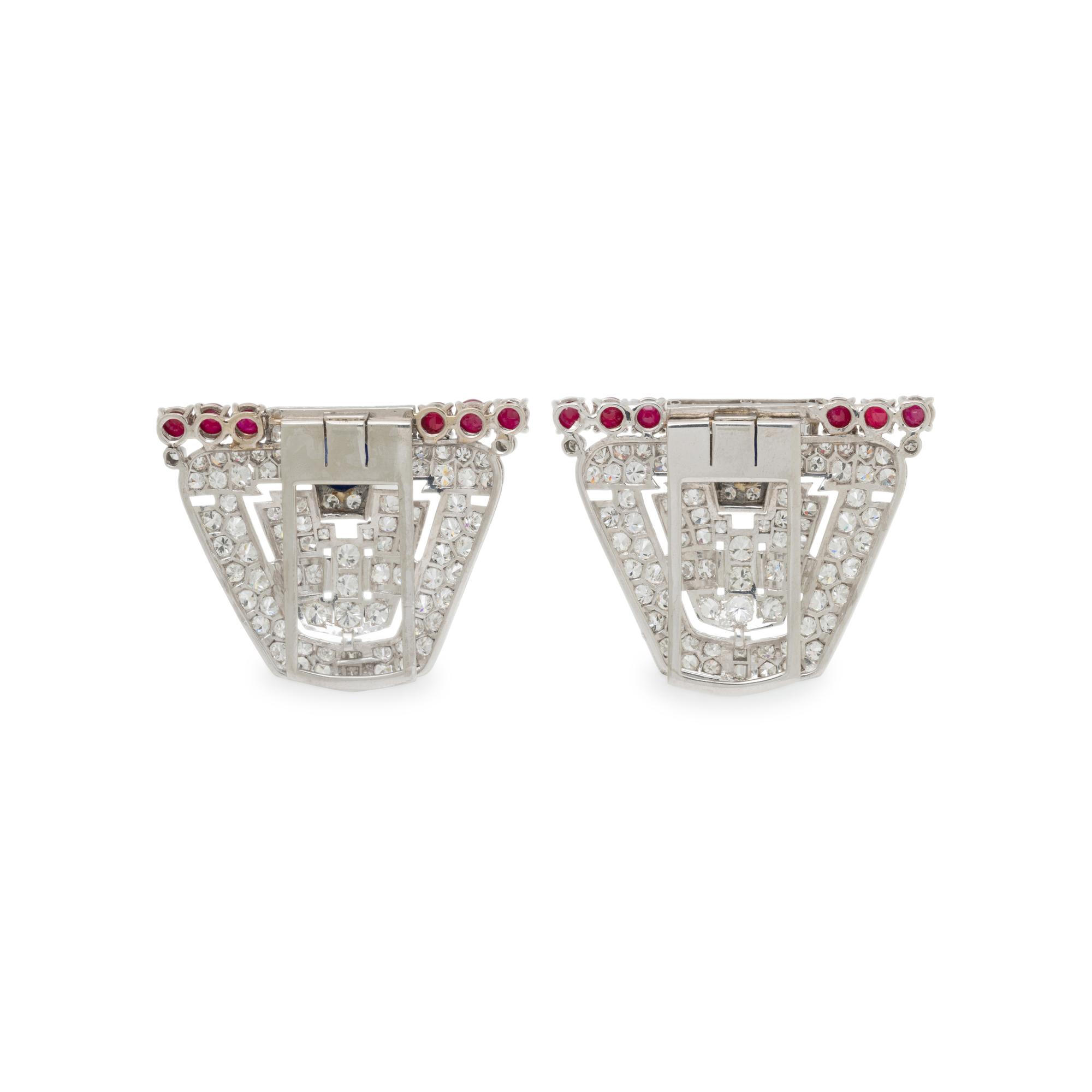 PAIR OF DIAMOND, SAPPHIRE, RUBY, AND WHITE GOLD DRESS CLIPS