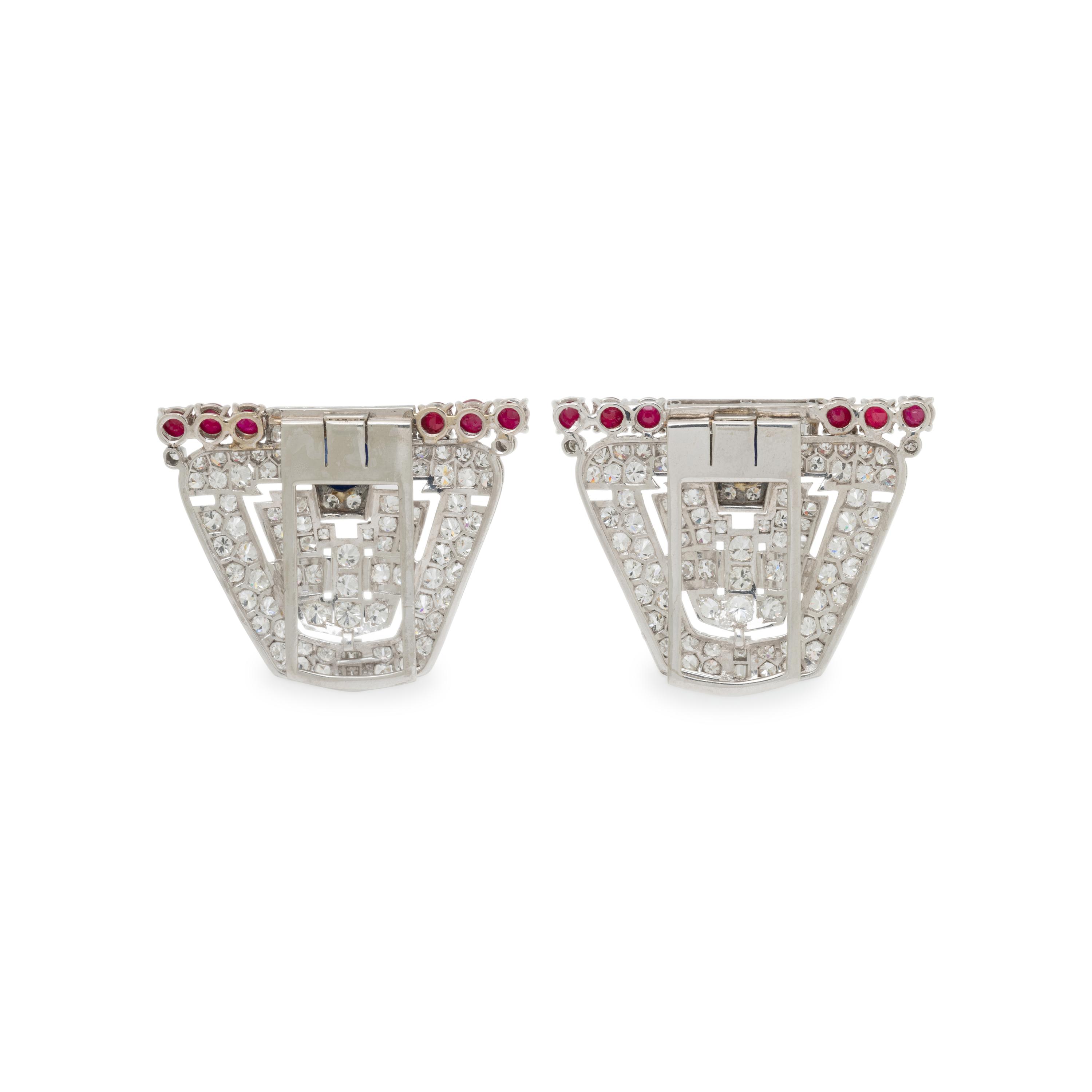 PAIR OF DIAMOND, SAPPHIRE, RUBY, AND WHITE GOLD DRESS CLIPS