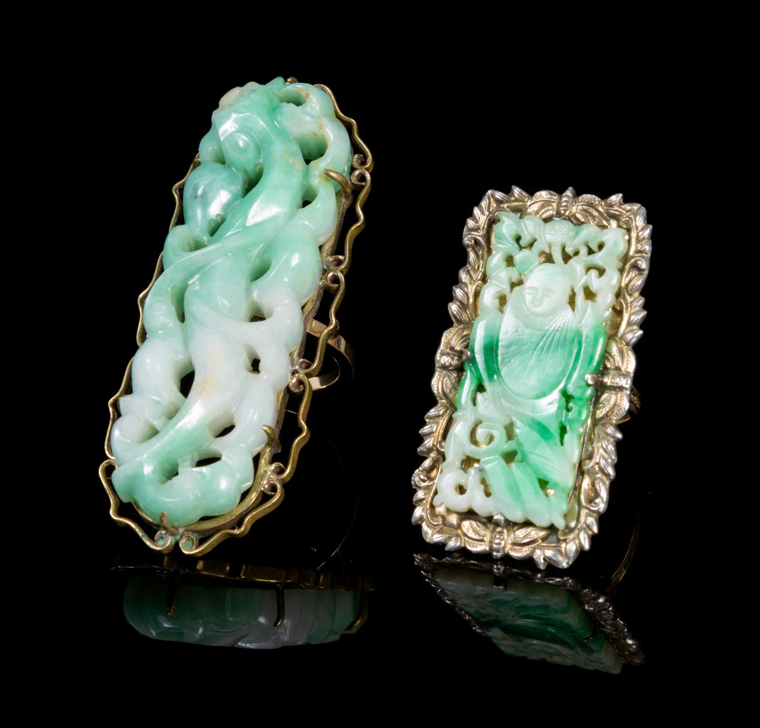 Two Apple Green and White Jadeite Mounted Rings Length of longer jade 2 1/4 inches.