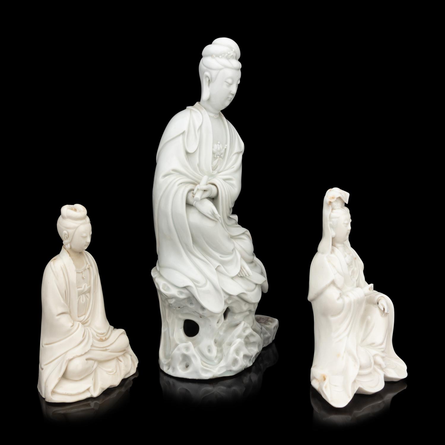Three Chinese Blanc-de-Chine Porcelain Figures of Guanyin