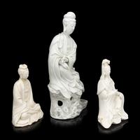 Three Chinese Blanc-de-Chine Porcelain Figures of Guanyin