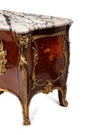 A Pair of Louis XV Style Gilt Bronze Mounted Kingwood and Floral Marquetry Marble-Top Commodes