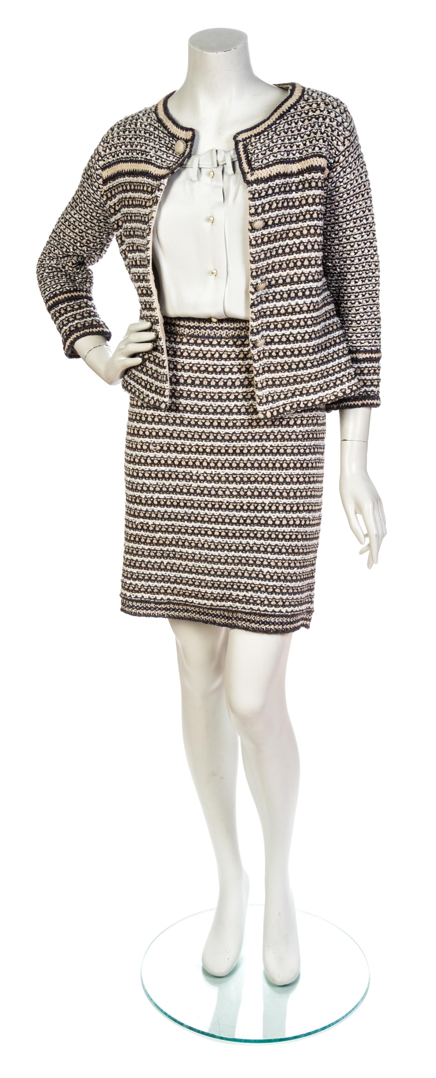 A Chanel Metallic Grey, Taupe and Ivory Beaded Cotton Knit Skirt Suit,