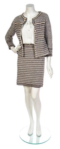 A Chanel Metallic Grey, Taupe and Ivory Beaded Cotton Knit Skirt Suit,