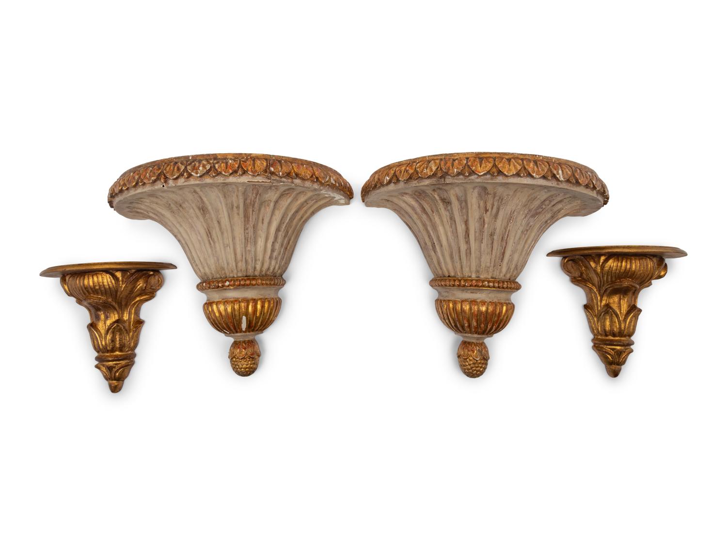 Two Pairs of Painted and Gilt Wood Wall Brackets