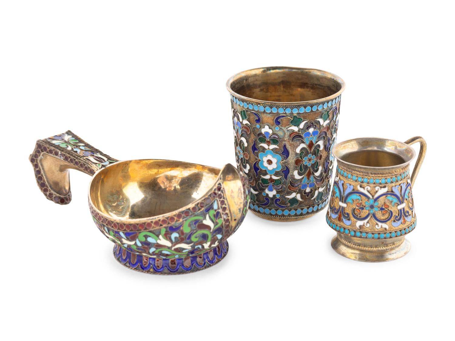 Three Russian Enameled Silver Articles
