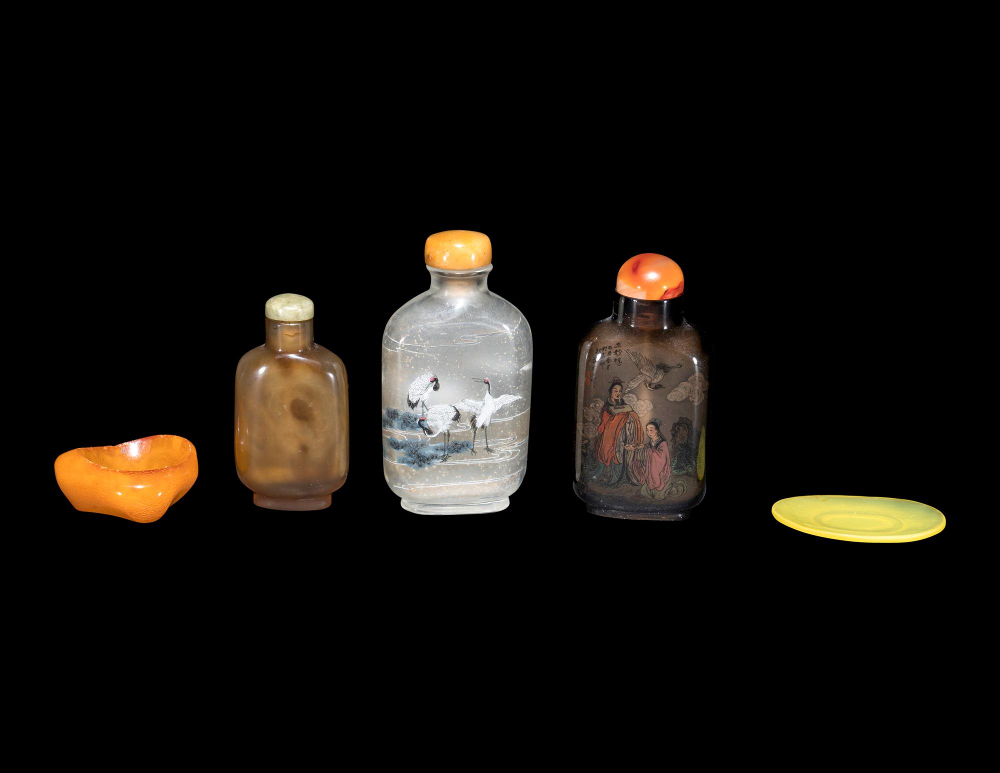 Three Chinese Glass Snuff Bottles and Two Snuff Dishes
