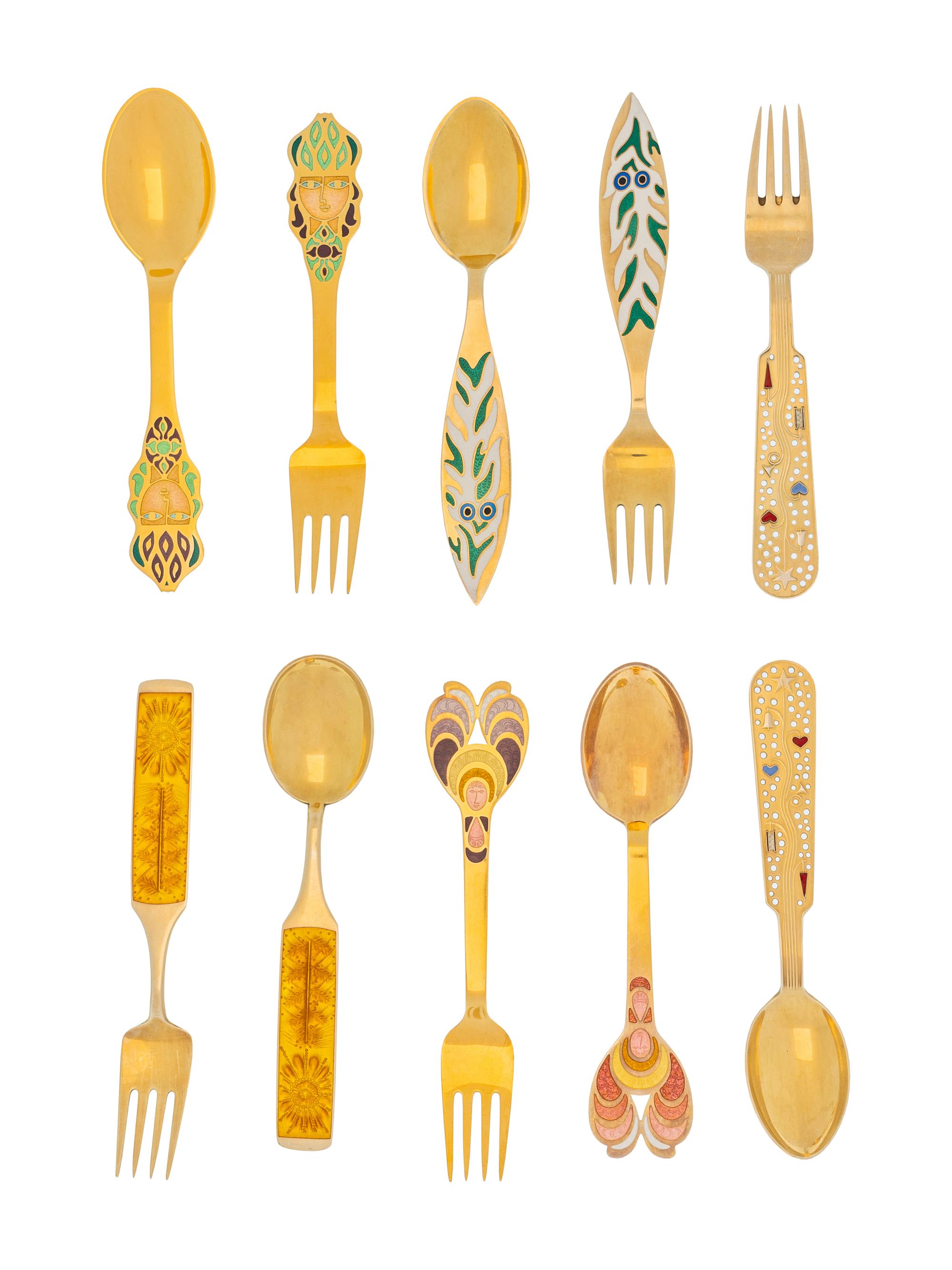 A Collection of Danish Silver-Gilt Christmas Fork and Spoon Sets