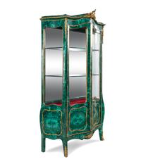 A Louis XV Style Gilt Bronze Mounted Malachite Veneered Vitrine Cabinet