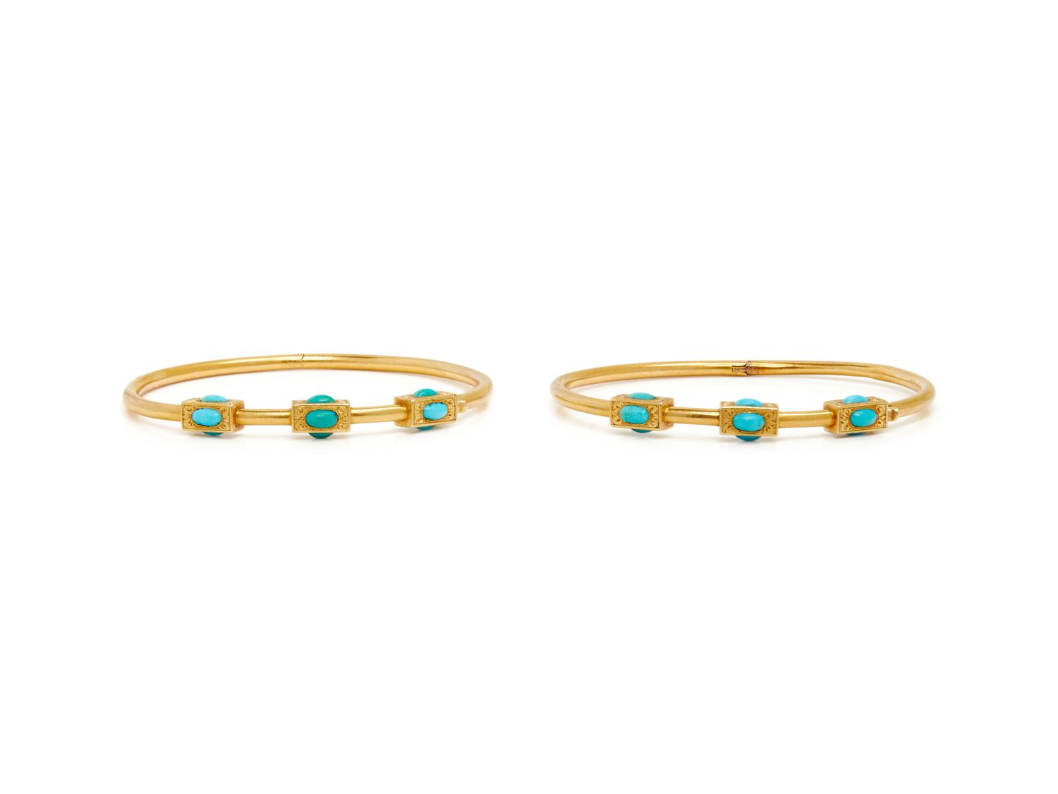 VICTORIAN, PAIR OF YELLOW GOLD AND TURQUOISE BANGLE BRACELETS